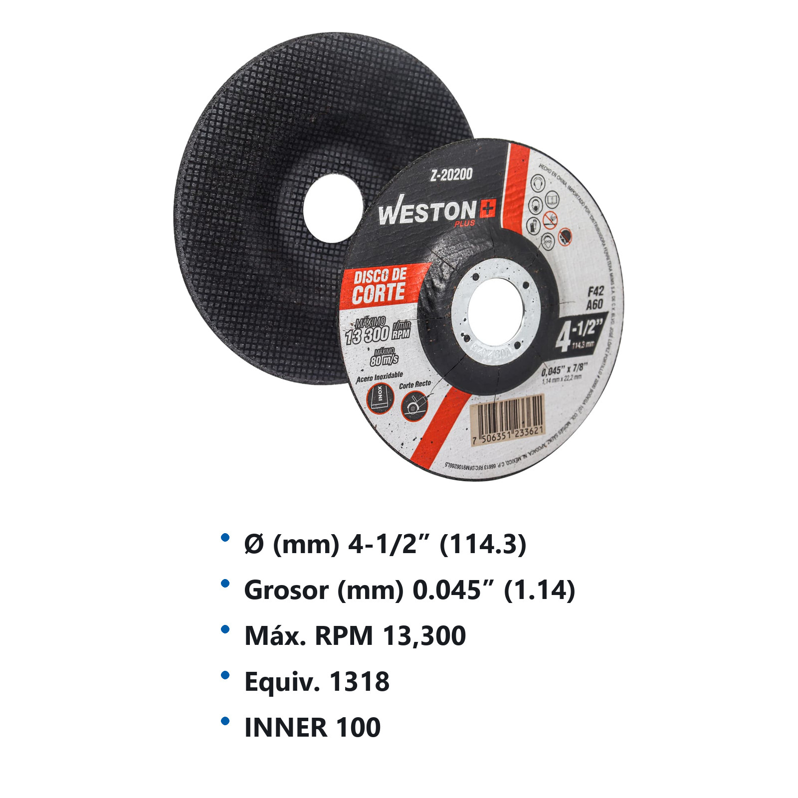 DISCO D/CORTE P/INOX. 4-1/2" x 0.045"(1.2) x 7/8" F42 (Emp. c/10 Pzas - Precio x Pza) - Imagen 3