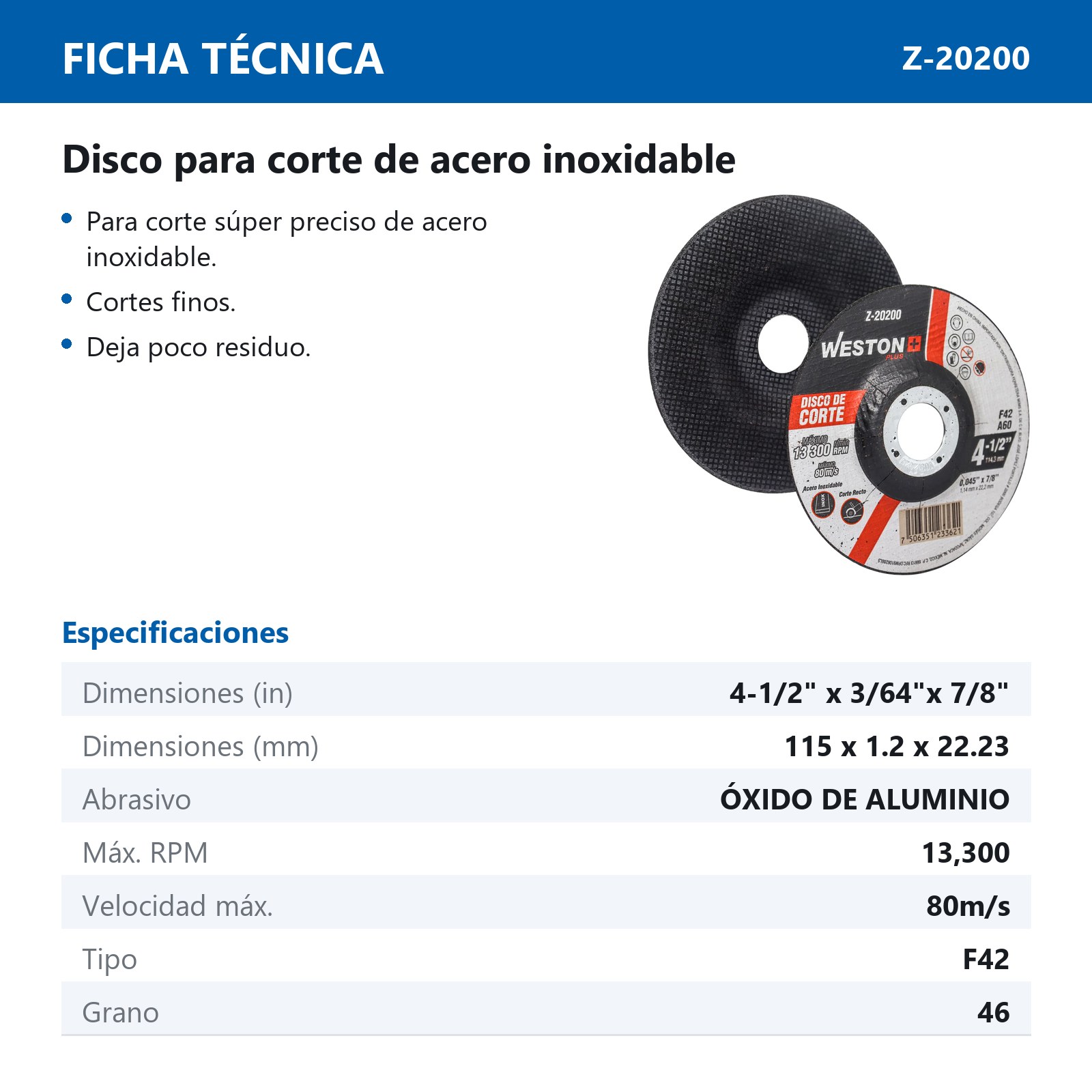 DISCO D/CORTE P/INOX. 4-1/2" x 0.045"(1.2) x 7/8" F42 (Emp. c/10 Pzas - Precio x Pza) - Imagen 3