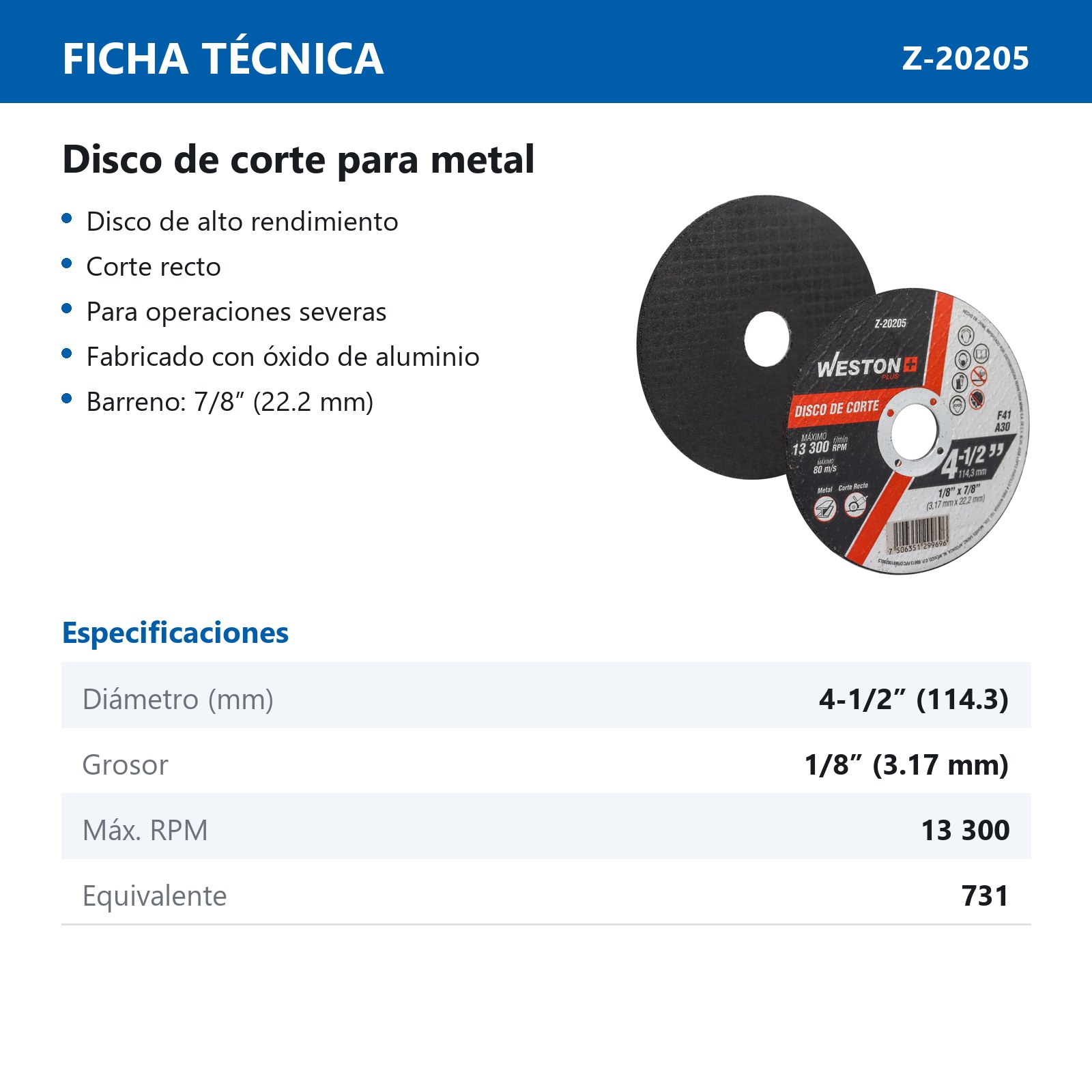 DISCO D/CORTE P/METAL 4-1/2" x 1/8"(3.17) x 7/8" F41 (Emp. c/10 Pzas - Precio x Pza) - Imagen 3