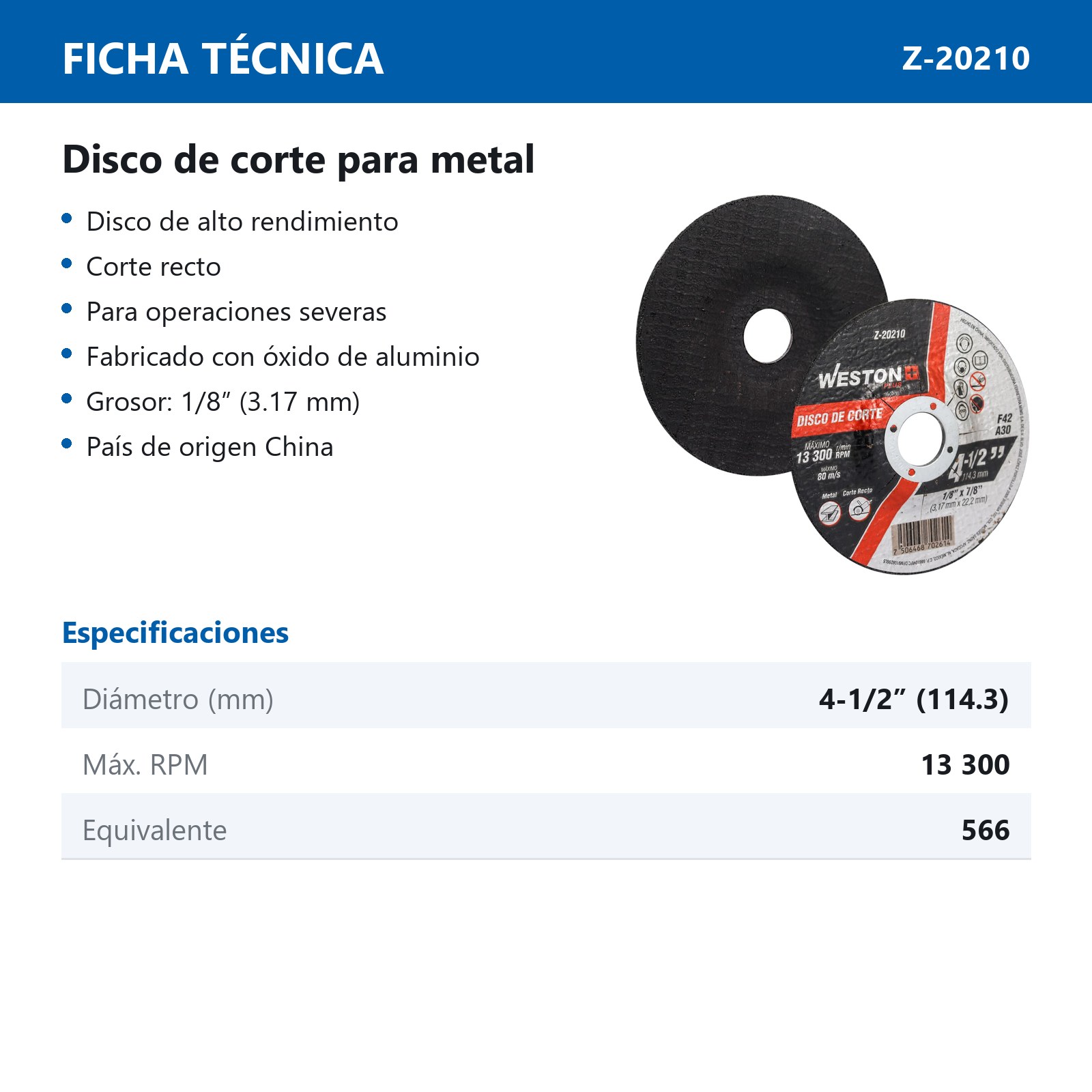 DISCO D/CORTE P/METAL 4-1/2" x 1/8"(3.17) x 7/8" F42 (Emp. c/10 Pzas - Precio x Pza) - Imagen 3