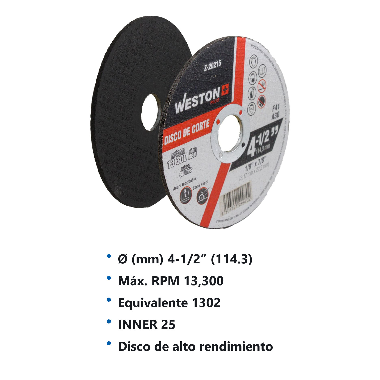 DISCO D/CORTE P/INOX. 4-1/2" x 1/8"(3.17) x 7/8" F41 (Emp. c/10 Pzas - Precio x Pza) - Imagen 3