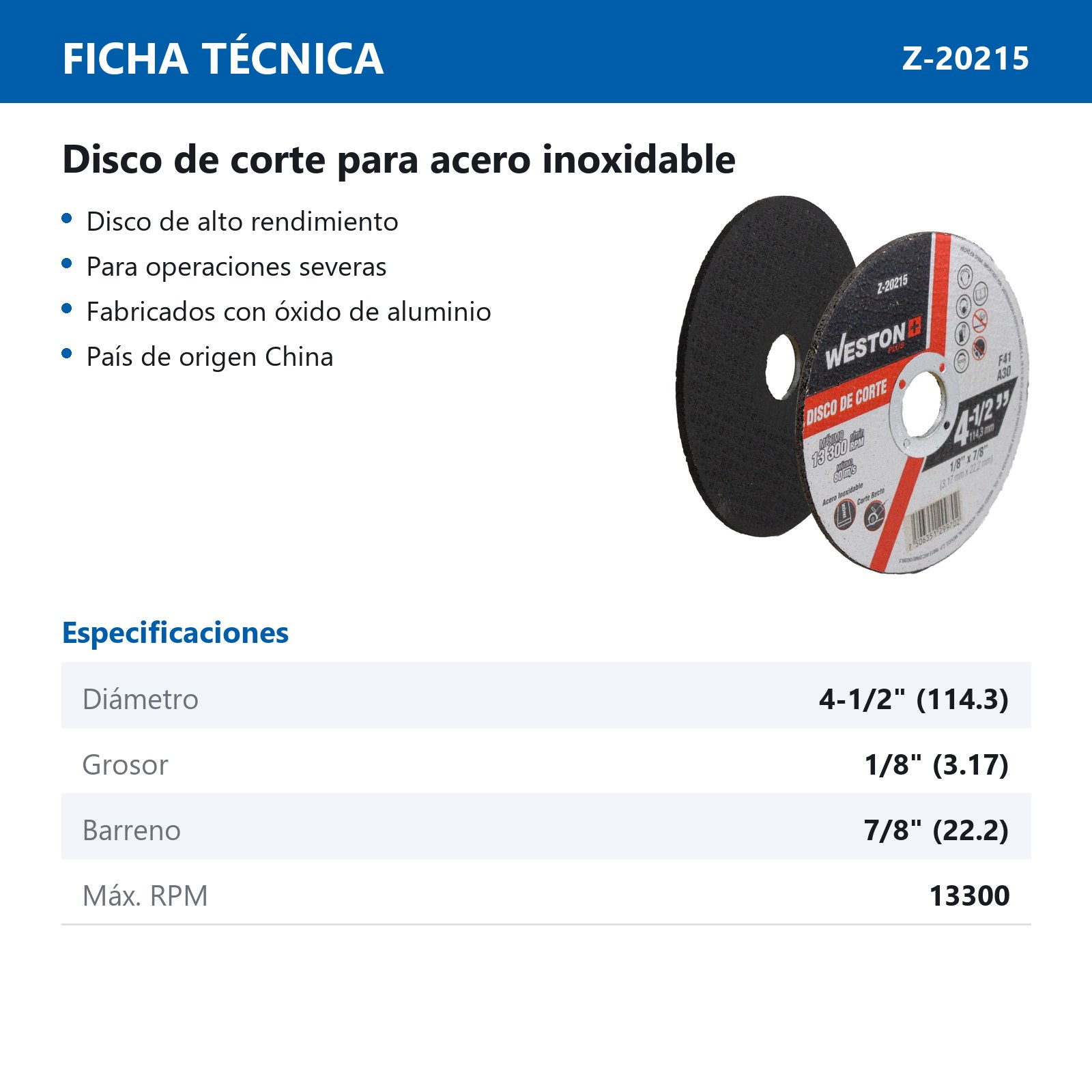 DISCO D/CORTE P/INOX. 4-1/2" x 1/8"(3.17) x 7/8" F41 (Emp. c/10 Pzas - Precio x Pza) - Imagen 3