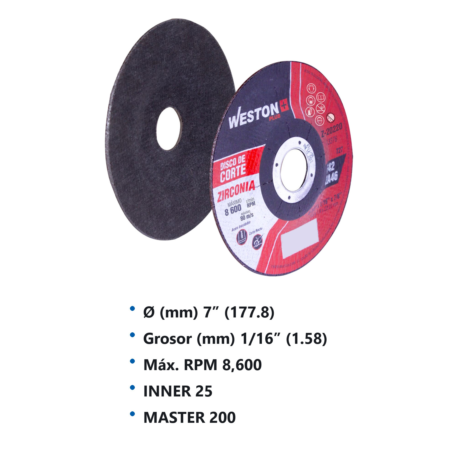 DISCO D/CORTE P/INOX. D/ZIRCONIO 7" x 1/16"(1.58) x 7/8" F42 (Emp. c/10 Pzas - Precio x Pza) - Imagen 3