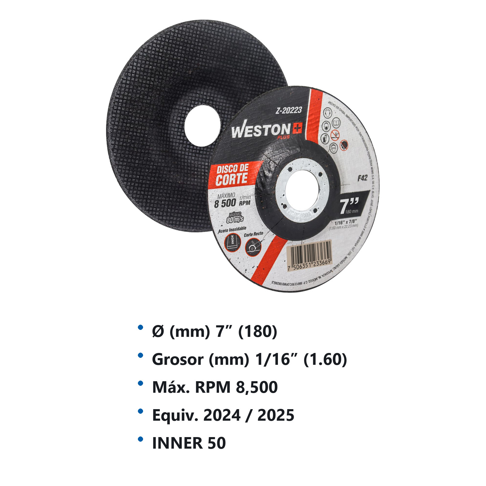 DISCO D/CORTE P/INOX. 7" x 1/16"(1.58) x 7/8" F42 (Emp. c/10 Pzas - Precio x Pza) - Imagen 3