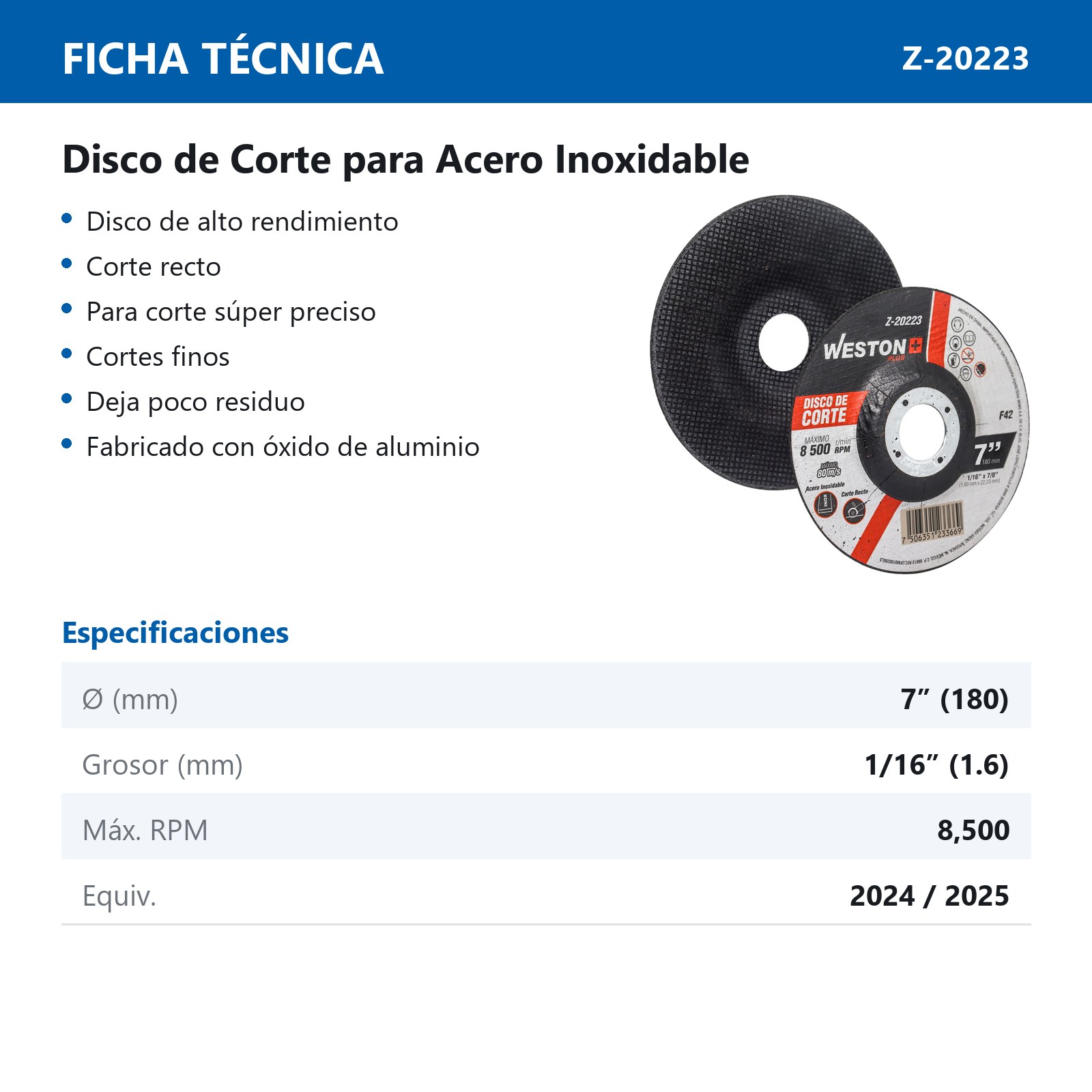 DISCO D/CORTE P/INOX. 7" x 1/16"(1.58) x 7/8" F42 (Emp. c/10 Pzas - Precio x Pza) - Imagen 3