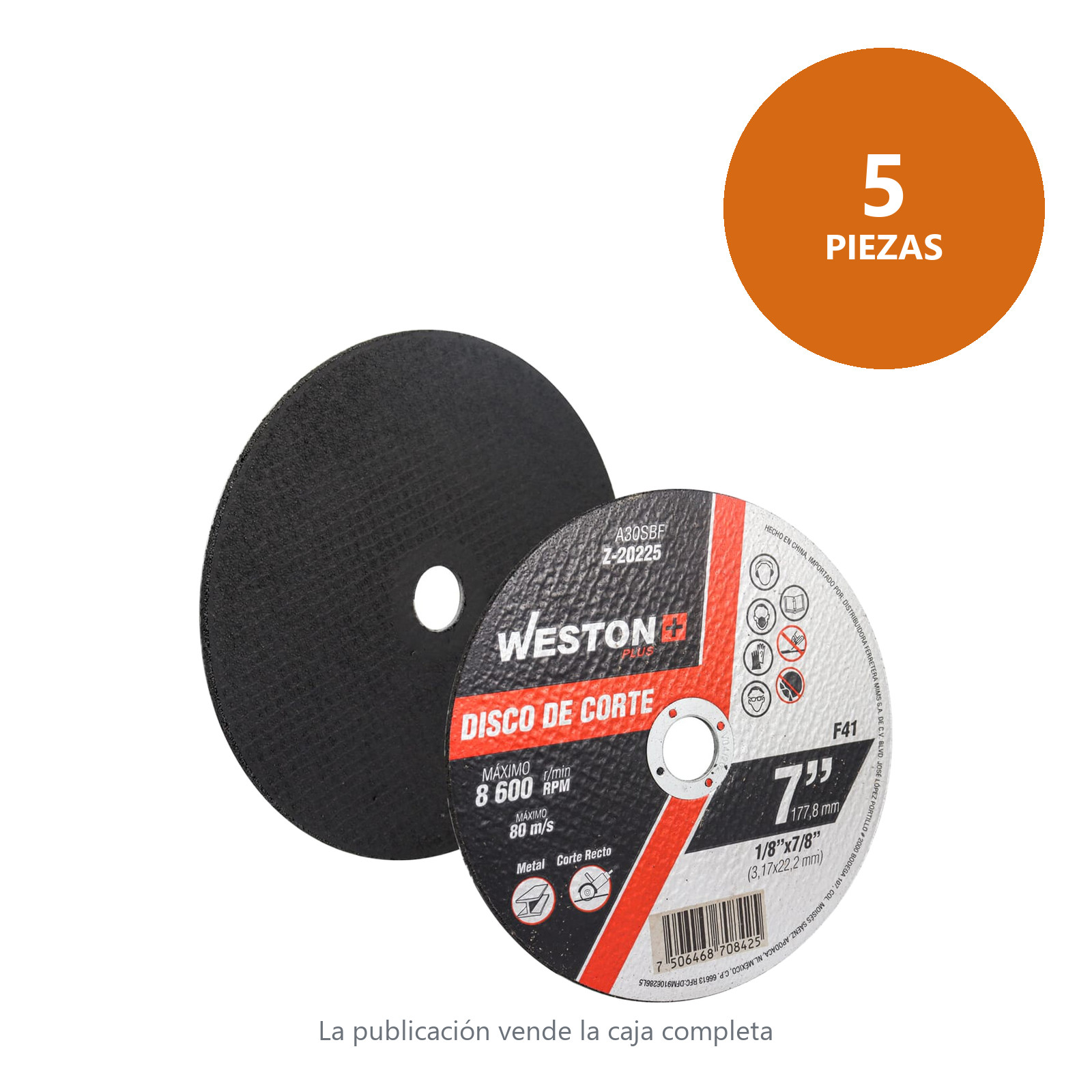 DISCO D/CORTE P/METAL 7" x 1/8"(3.17) x 7/8" F41 (Emp. c/5 Pzas - Precio x Pza) - Imagen 2