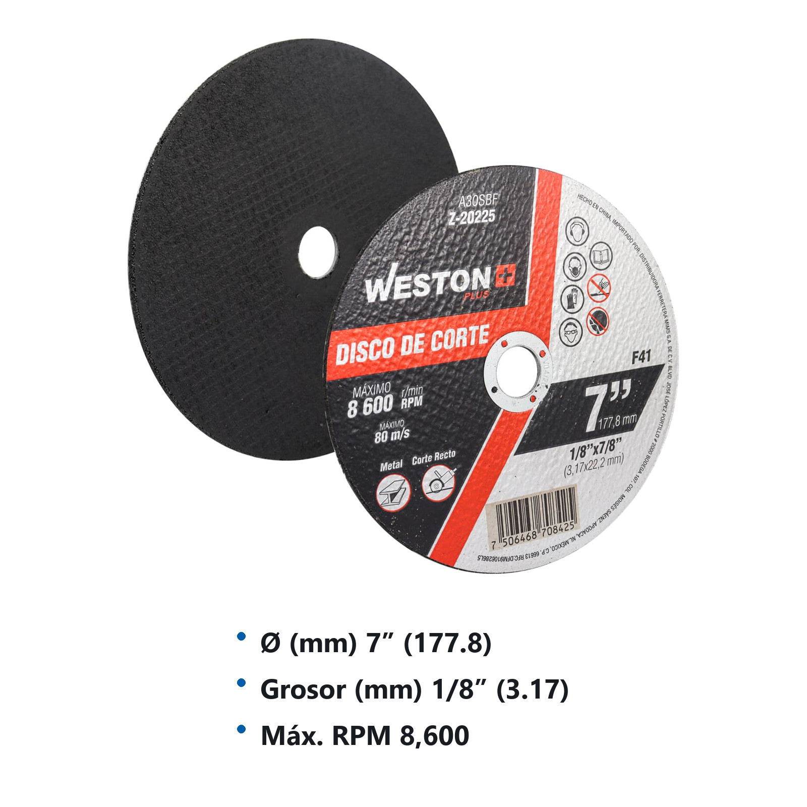 DISCO D/CORTE P/METAL 7" x 1/8"(3.17) x 7/8" F41 (Emp. c/5 Pzas - Precio x Pza) - Imagen 3