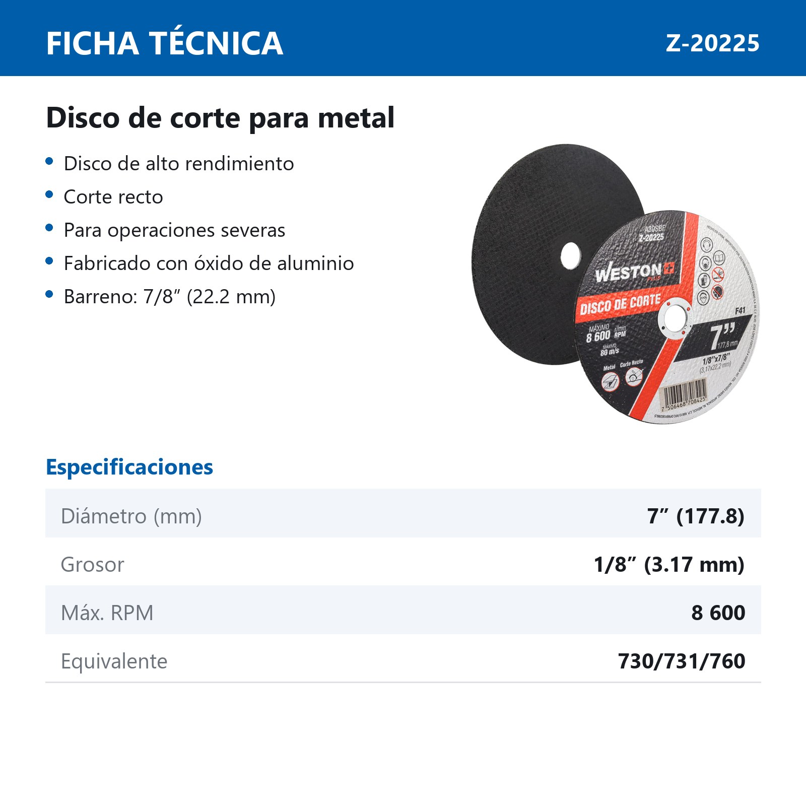 DISCO D/CORTE P/METAL 7" x 1/8"(3.17) x 7/8" F41 (Emp. c/5 Pzas - Precio x Pza) - Imagen 3