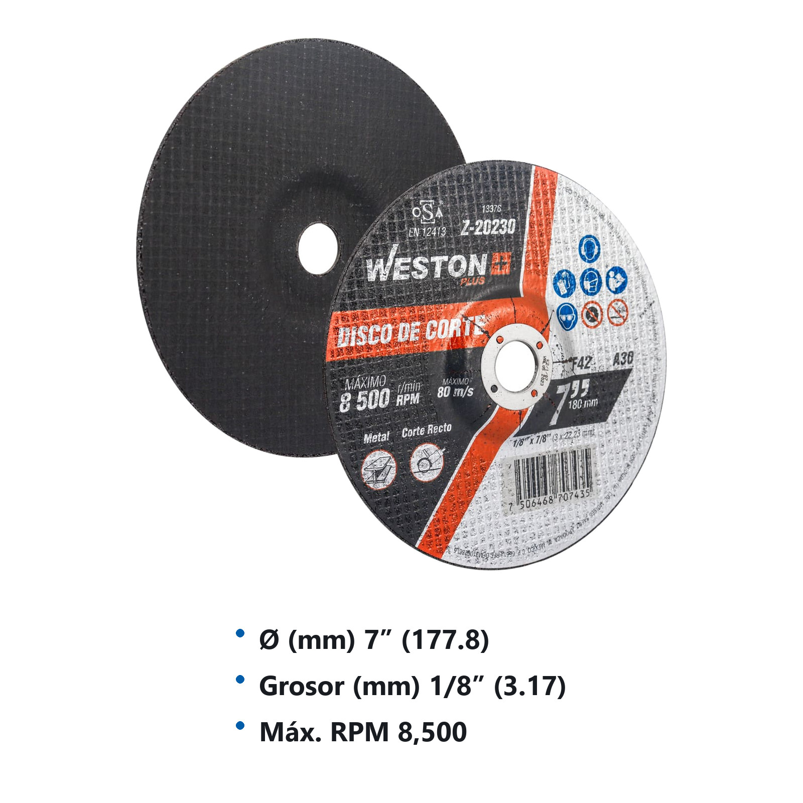 DISCO D/CORTE P/METAL 7" x 1/8"(3.17) x 7/8" F42 (Emp. c/5 Pzas - Precio x Pza) - Imagen 3
