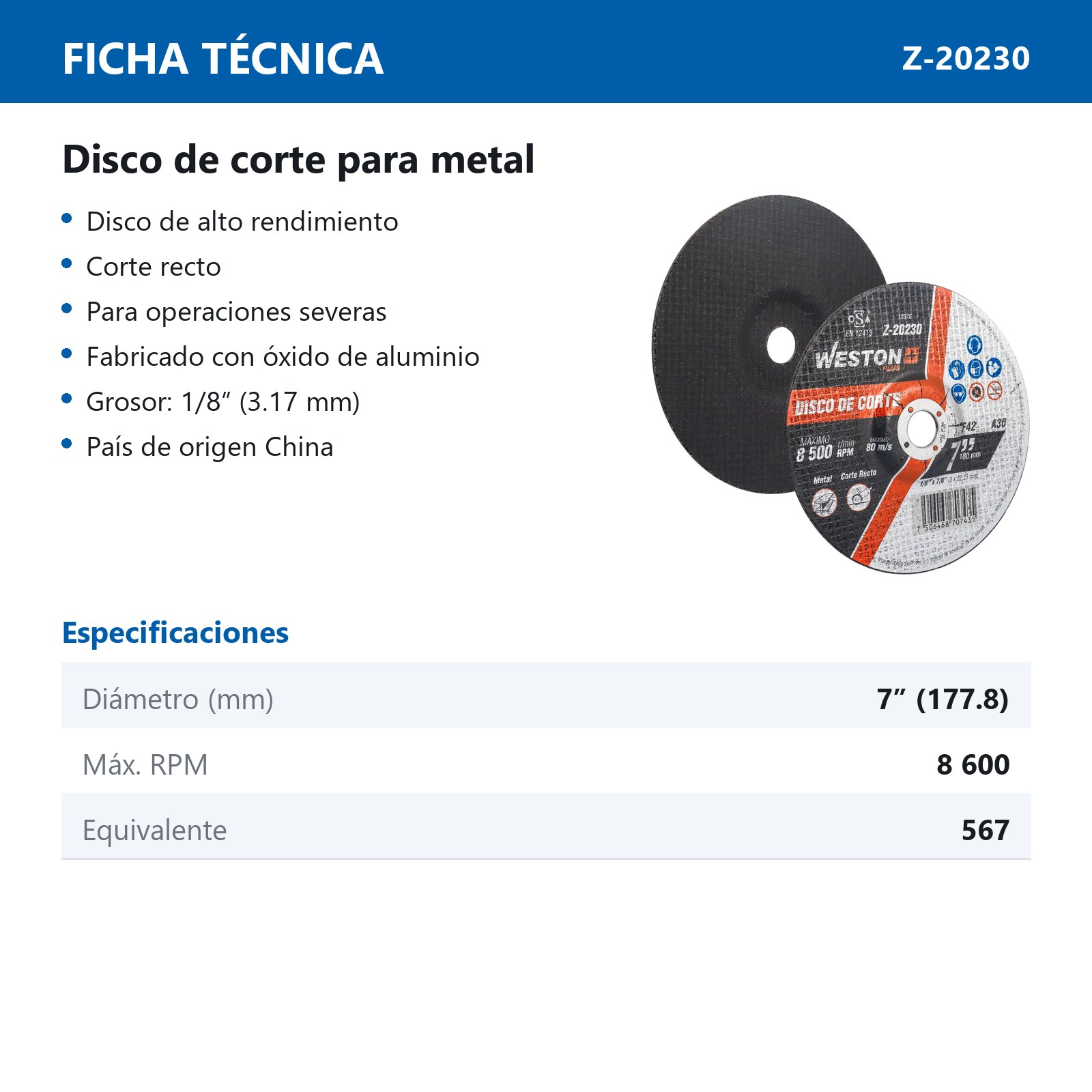 DISCO D/CORTE P/METAL 7" x 1/8"(3.17) x 7/8" F42 (Emp. c/5 Pzas - Precio x Pza) - Imagen 3