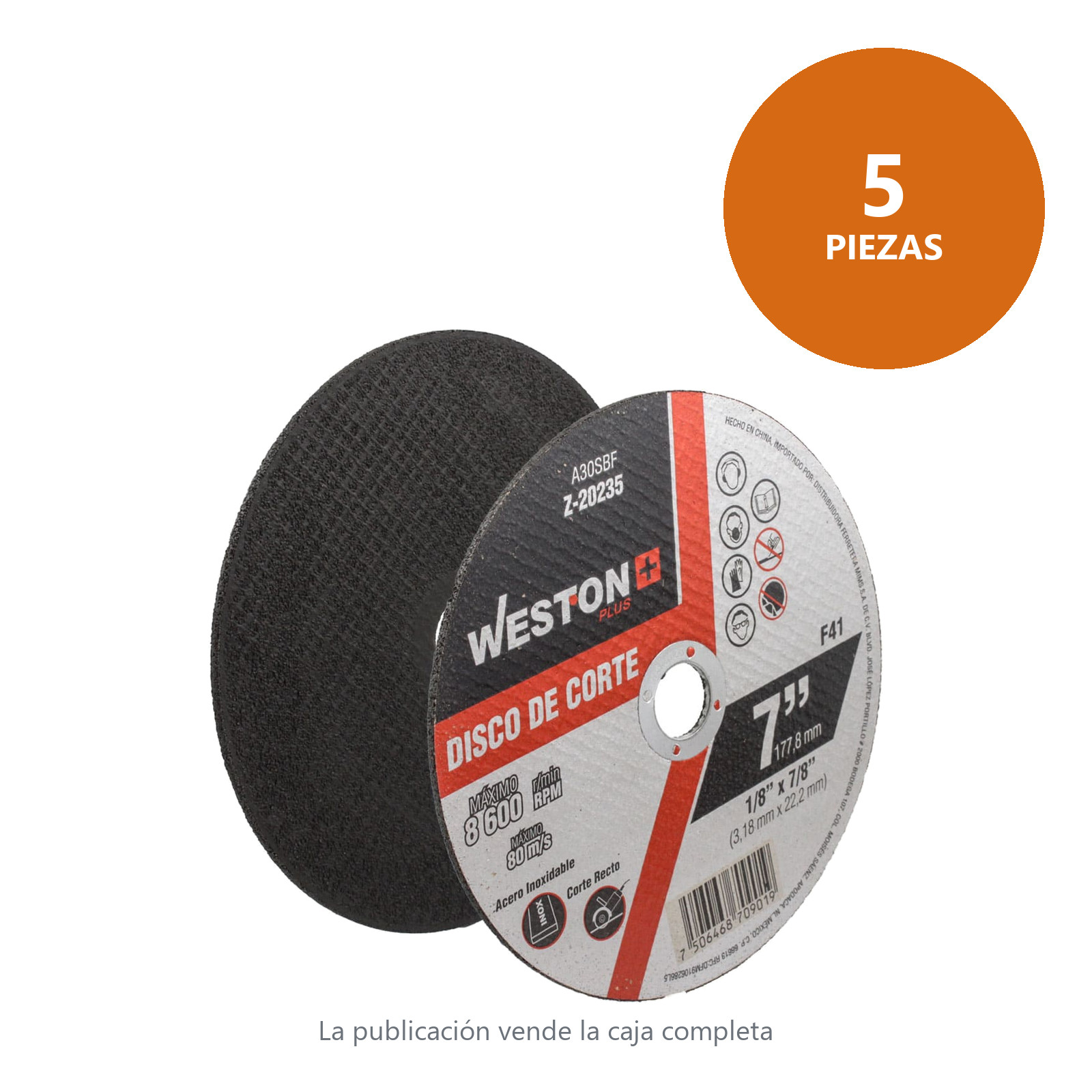 DISCO D/CORTE P/INOX. 7" x 1/8"(3.17) x 7/8" F41 (Emp. c/5 Pzas - Precio x Pza) - Imagen 2