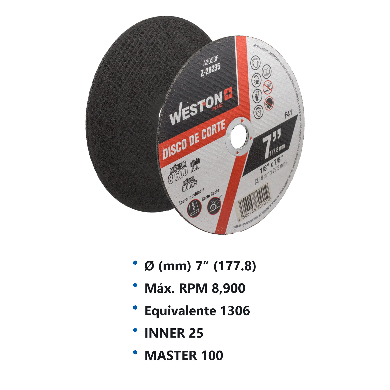 DISCO D/CORTE P/INOX. 7" x 1/8"(3.17) x 7/8" F41 (Emp. c/5 Pzas - Precio x Pza) - Imagen 3