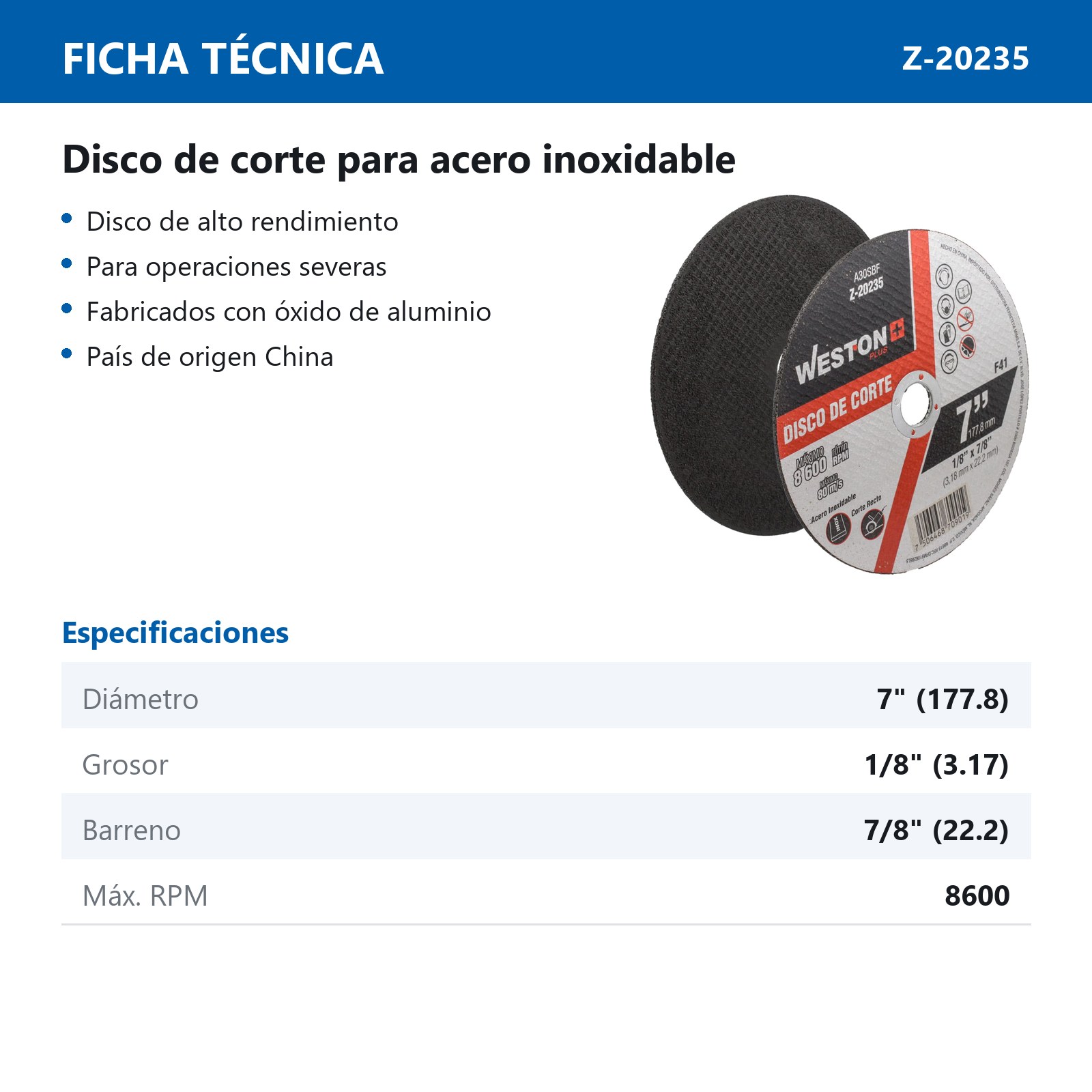 DISCO D/CORTE P/INOX. 7" x 1/8"(3.17) x 7/8" F41 (Emp. c/5 Pzas - Precio x Pza) - Imagen 3