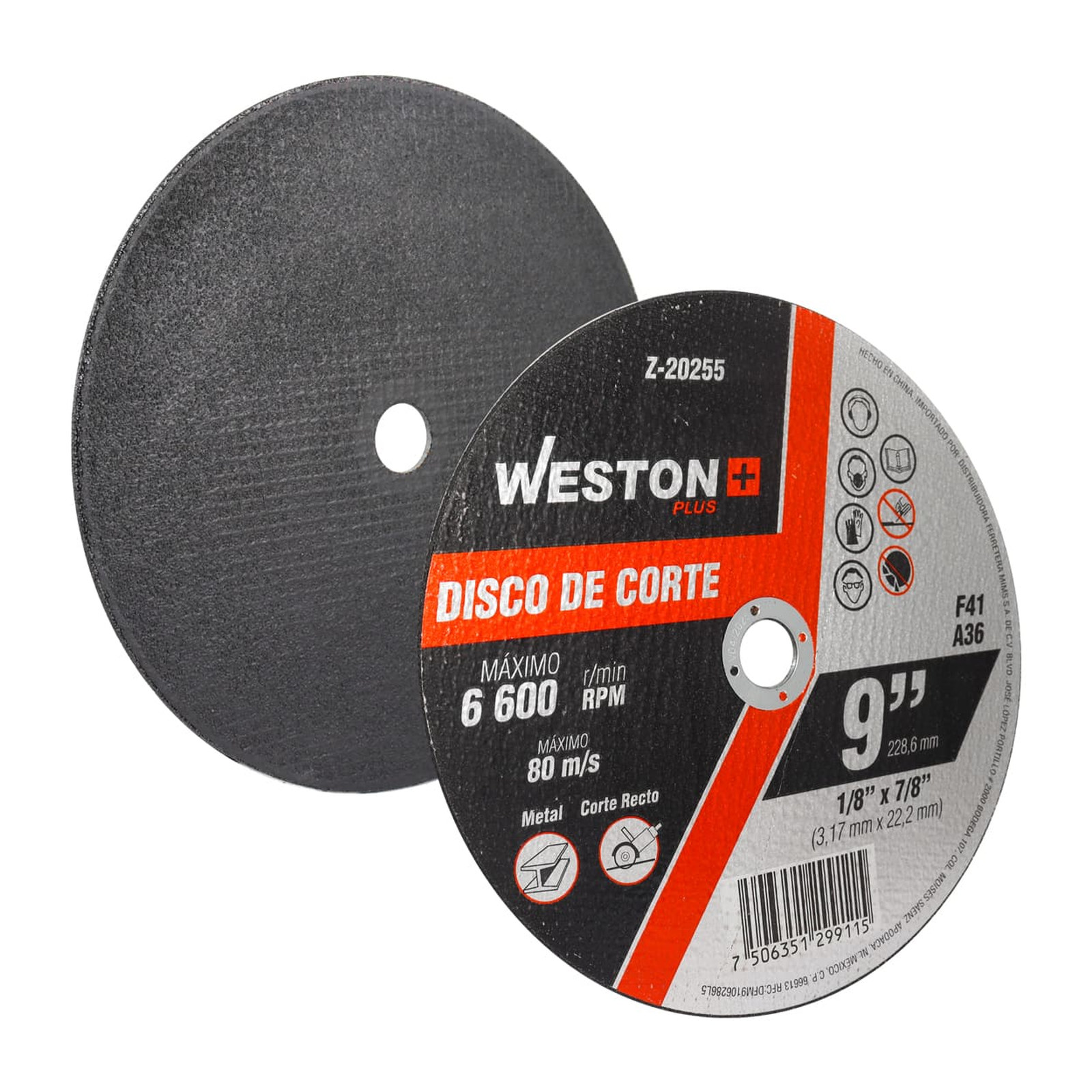 Disco de Corte para Metal 9" x 1/8" x 7/8" Tipo F41 WESTON PLUS
