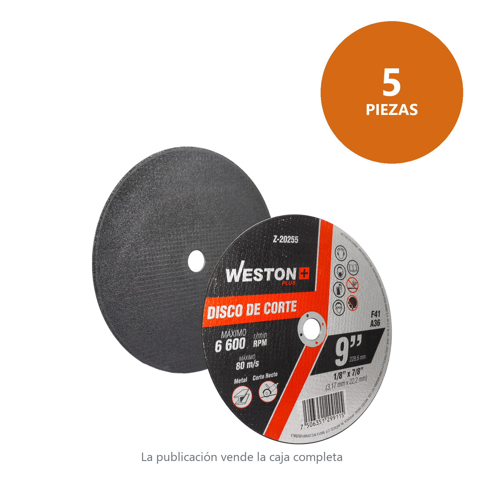 DISCO D/CORTE P/METAL 9" x 1/8"(3.17) x 7/8" F41 (Emp. c/5 Pzas - Precio x Pza) - Imagen 2