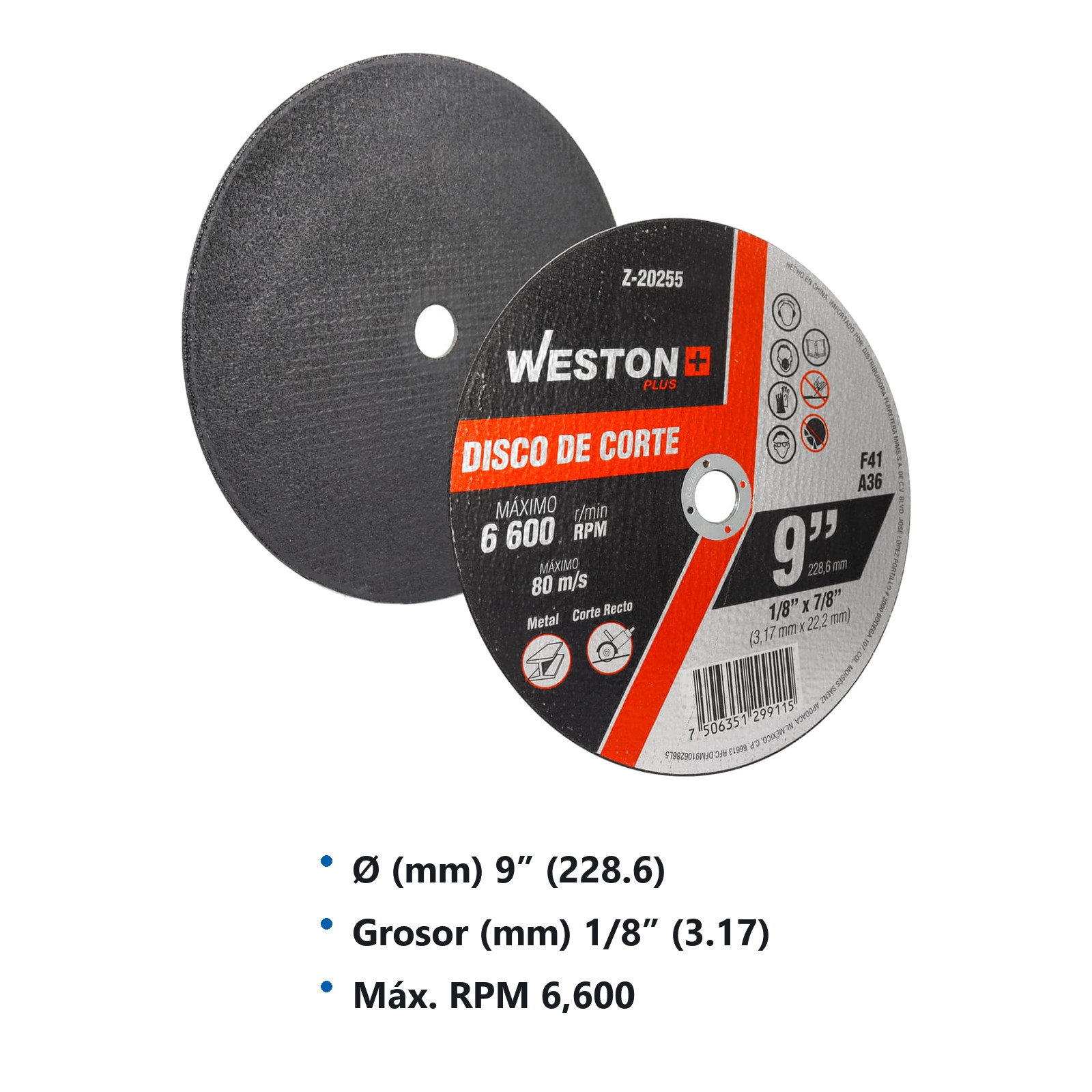 DISCO D/CORTE P/METAL 9" x 1/8"(3.17) x 7/8" F41 (Emp. c/5 Pzas - Precio x Pza) - Imagen 3