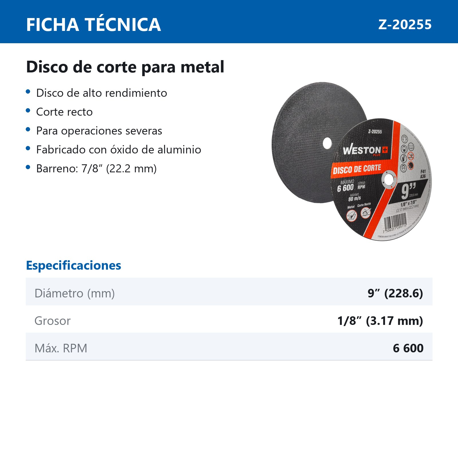 DISCO D/CORTE P/METAL 9" x 1/8"(3.17) x 7/8" F41 (Emp. c/5 Pzas - Precio x Pza) - Imagen 3