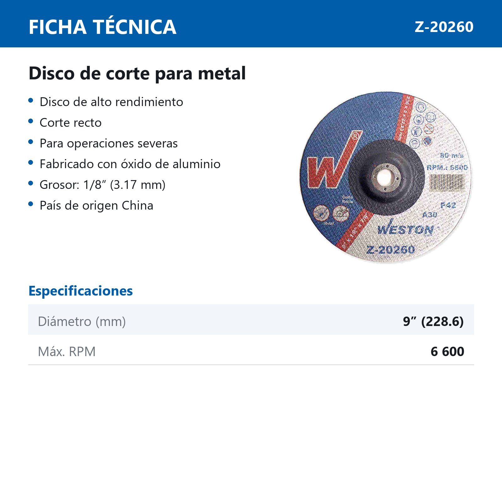 DISCO D/CORTE P/METAL 9" x 1/8"(3.17) x 7/8" F42 (Emp. c/5 Pzas - Precio x Pza) - Imagen 3