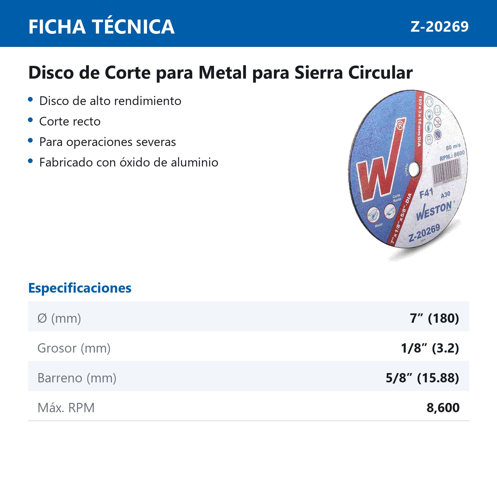 DISCO D/CORTE P/METAL 7" x 1/8"(3.17) x 5/8" F41 P/SIERRA CIRCULAR (Emp. c/5 Pzas - Precio x Pza) - Imagen 3