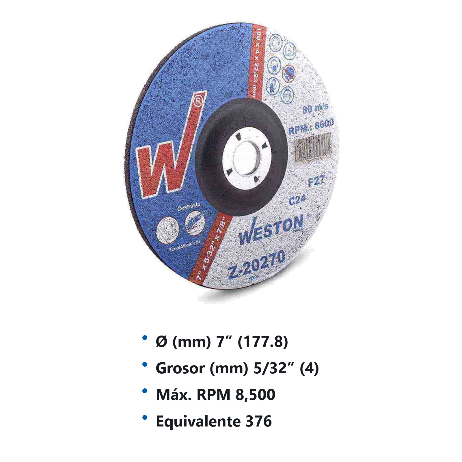 DISCO D/CORTE Y DESBASTE P/PIEDRA 7" x 5/32"(4) x 7/8" F42/F27 (Emp. c/5 Pzas - Precio x Pza) - Imagen 3