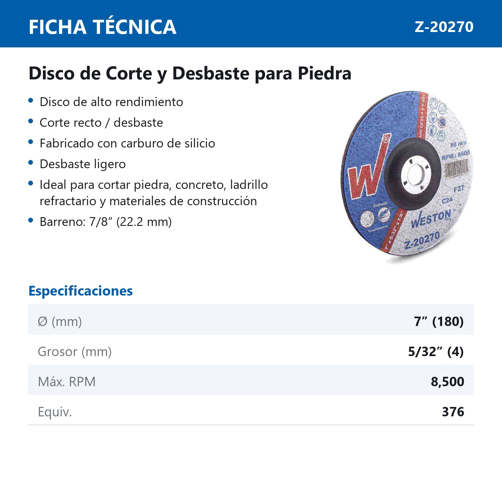 DISCO D/CORTE Y DESBASTE P/PIEDRA 7" x 5/32"(4) x 7/8" F42/F27 (Emp. c/5 Pzas - Precio x Pza) - Imagen 3
