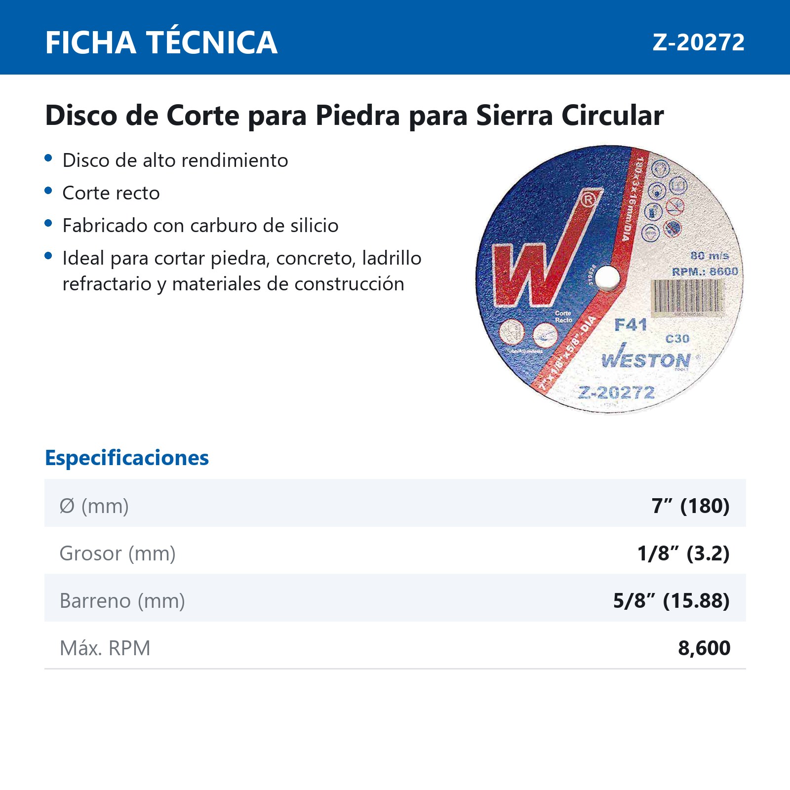 DISCO D/CORTE P/PIEDRA 7" x 1/8"(3.17) x 5/8" F41 P/SIERRA CIRCULAR (Emp. c/5 Pzas - Precio x Pza) - Imagen 3