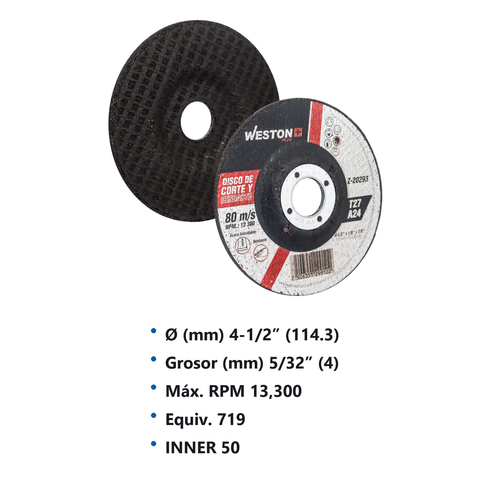 DISCO D/CORTE Y DESBASTE P/INOX. 4-1/2" x 5/32"(4) x 7/8" F42/F27 (Emp. c/10 Pzas - Precio x Pza) - Imagen 3