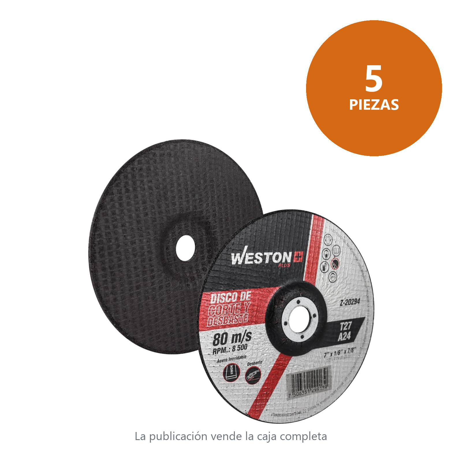 DISCO D/CORTE Y DESBASTE P/INOX. 7" x 5/32"(4) x 7/8" F42/F27 (Emp. c/5 Pzas - Precio x Pza) - Imagen 2