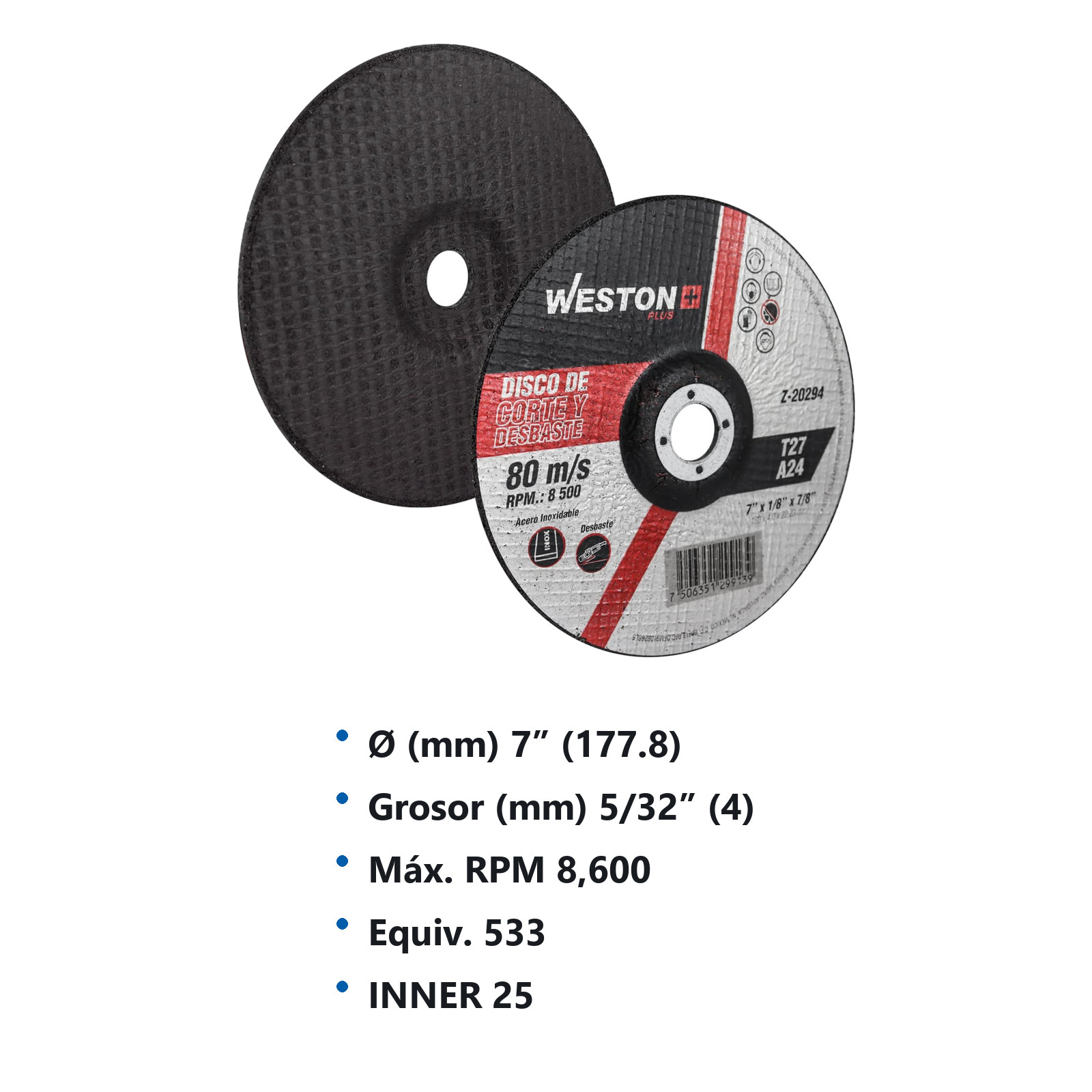 DISCO D/CORTE Y DESBASTE P/INOX. 7" x 5/32"(4) x 7/8" F42/F27 (Emp. c/5 Pzas - Precio x Pza) - Imagen 3