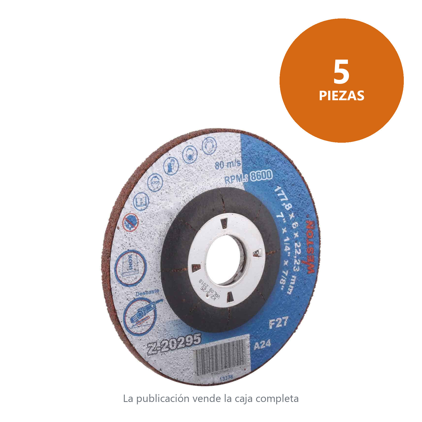 DISCO D/DESBASTE P/INOX. 7" x 1/4"(6.35) x 7/8" F27 (Emp. c/5 Pzas - Precio x Pza) - Imagen 2