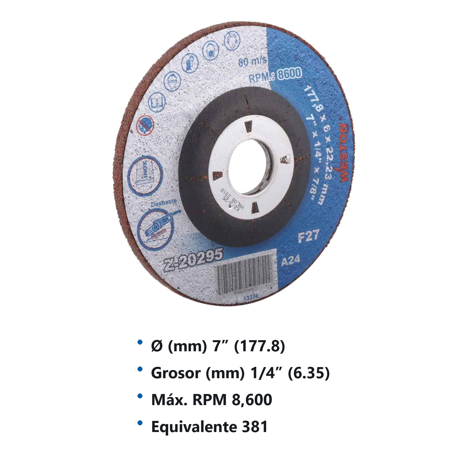 DISCO D/DESBASTE P/INOX. 7" x 1/4"(6.35) x 7/8" F27 (Emp. c/5 Pzas - Precio x Pza) - Imagen 3