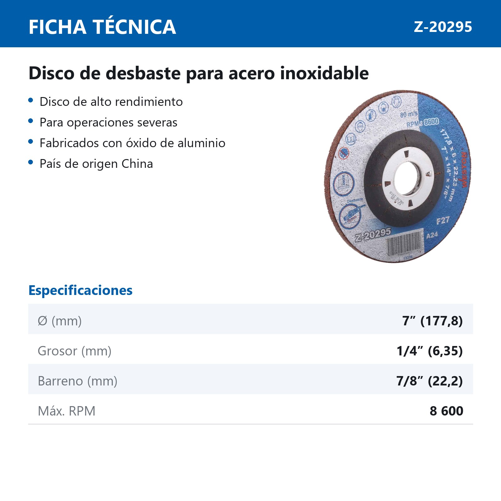 DISCO D/DESBASTE P/INOX. 7" x 1/4"(6.35) x 7/8" F27 (Emp. c/5 Pzas - Precio x Pza) - Imagen 3
