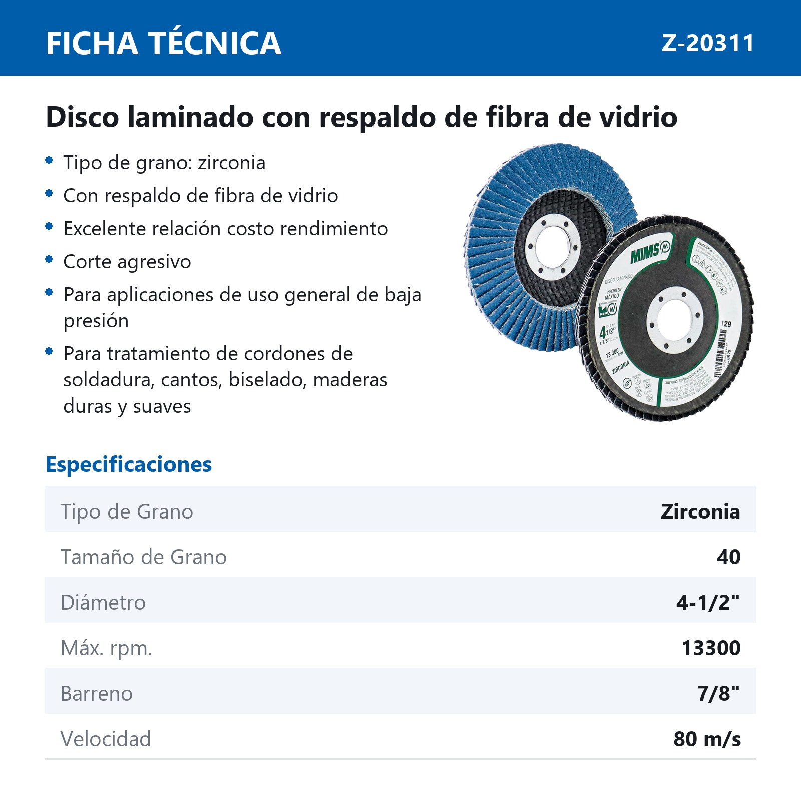 DISCO LAMINADO MIMS 4-1/2" X 7/8" G40 (Z-AZUL) - Imagen 4
