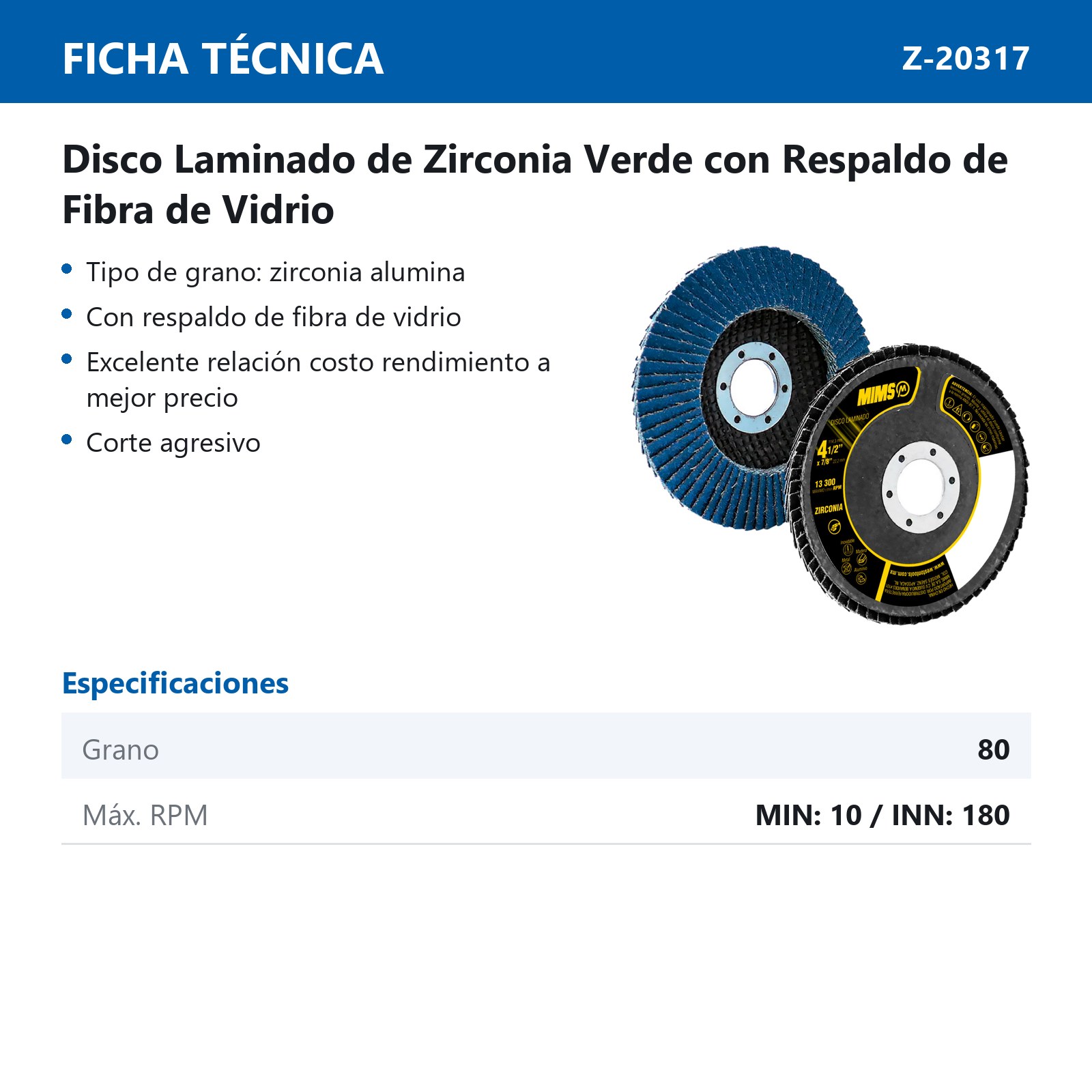 DISCO LAMINADO MIMS 4-1/2" X 7/8" G80 (Z-VERDE) - Imagen 3