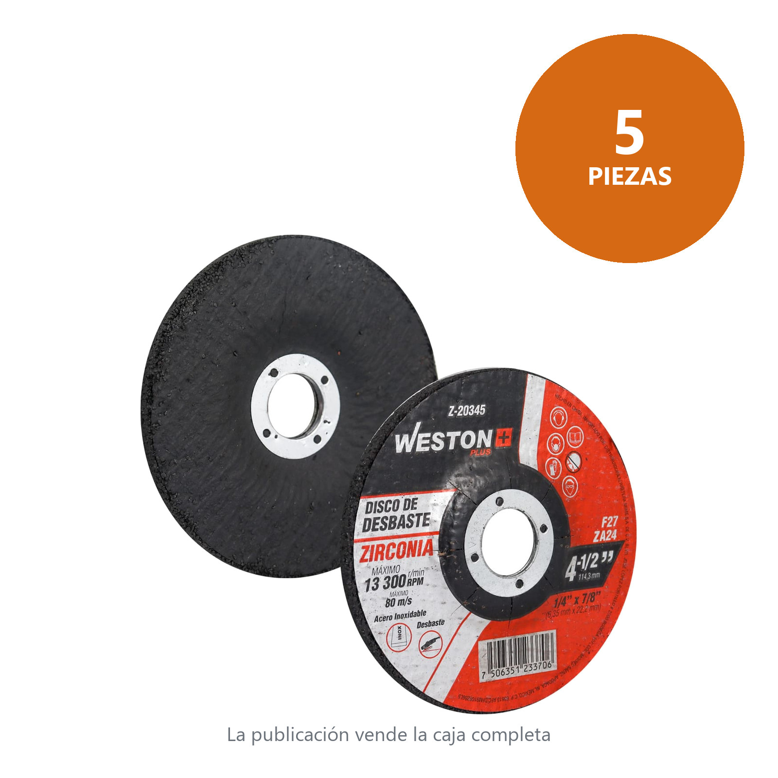 DISCO D/DESBASTE P/INOX. D/ZIRCONIO 4-1/2" x 1/4"(6.35) x 7/8" F27 (Emp. c/5 Pzas - Precio x Pza) - Imagen 2