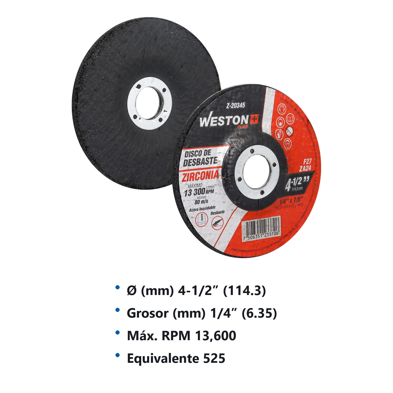 DISCO D/DESBASTE P/INOX. D/ZIRCONIO 4-1/2" x 1/4"(6.35) x 7/8" F27 (Emp. c/5 Pzas - Precio x Pza) - Imagen 3