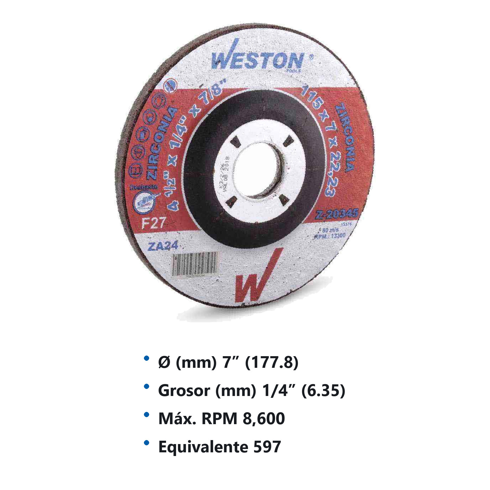 DISCO D/DESBASTE P/INOX. D/ZIRCONIO 7" x 1/4"(6.35) x 7/8" F27 (Emp. c/5 Pzas - Precio x Pza) - Imagen 3