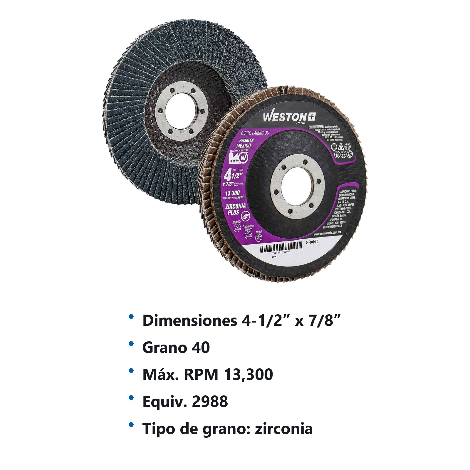 DISCO LAM.ZIRCONIO Y 4 1/2X7/8" Z40  ALTA DENSIDAD T27 100% ZIR. - Imagen 4