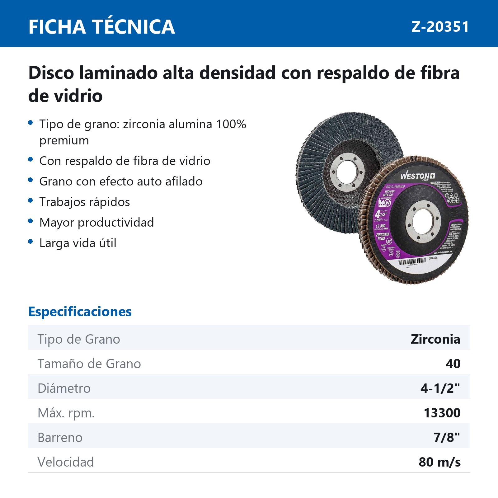DISCO LAM.ZIRCONIO Y 4 1/2X7/8" Z40  ALTA DENSIDAD T27 100% ZIR. - Imagen 4