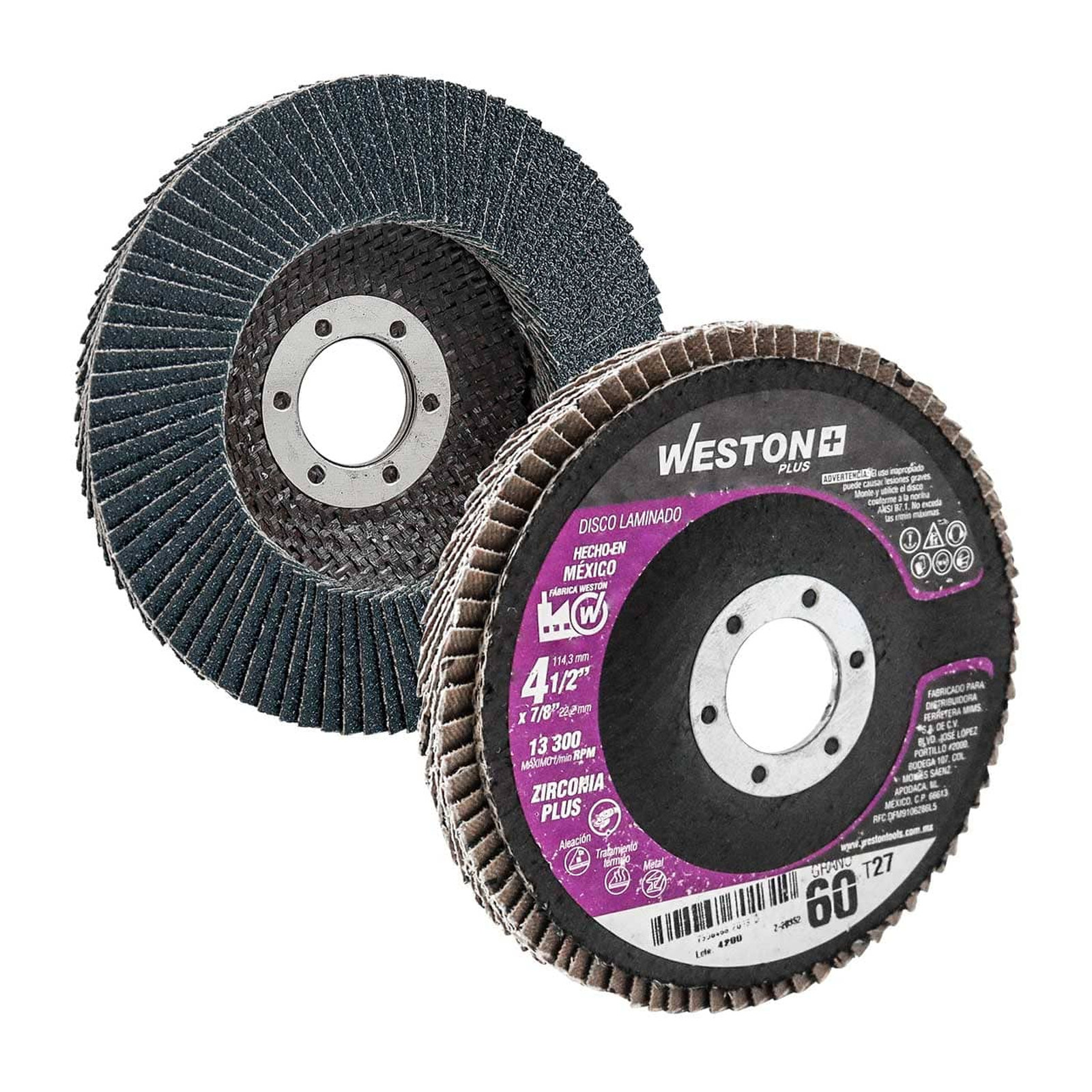 Disco Laminado Zirconia Alúmina 4 1/2" x 7/8" Grano Z60 Alta Densidad T27 WESTON PLUS (10 piezas)