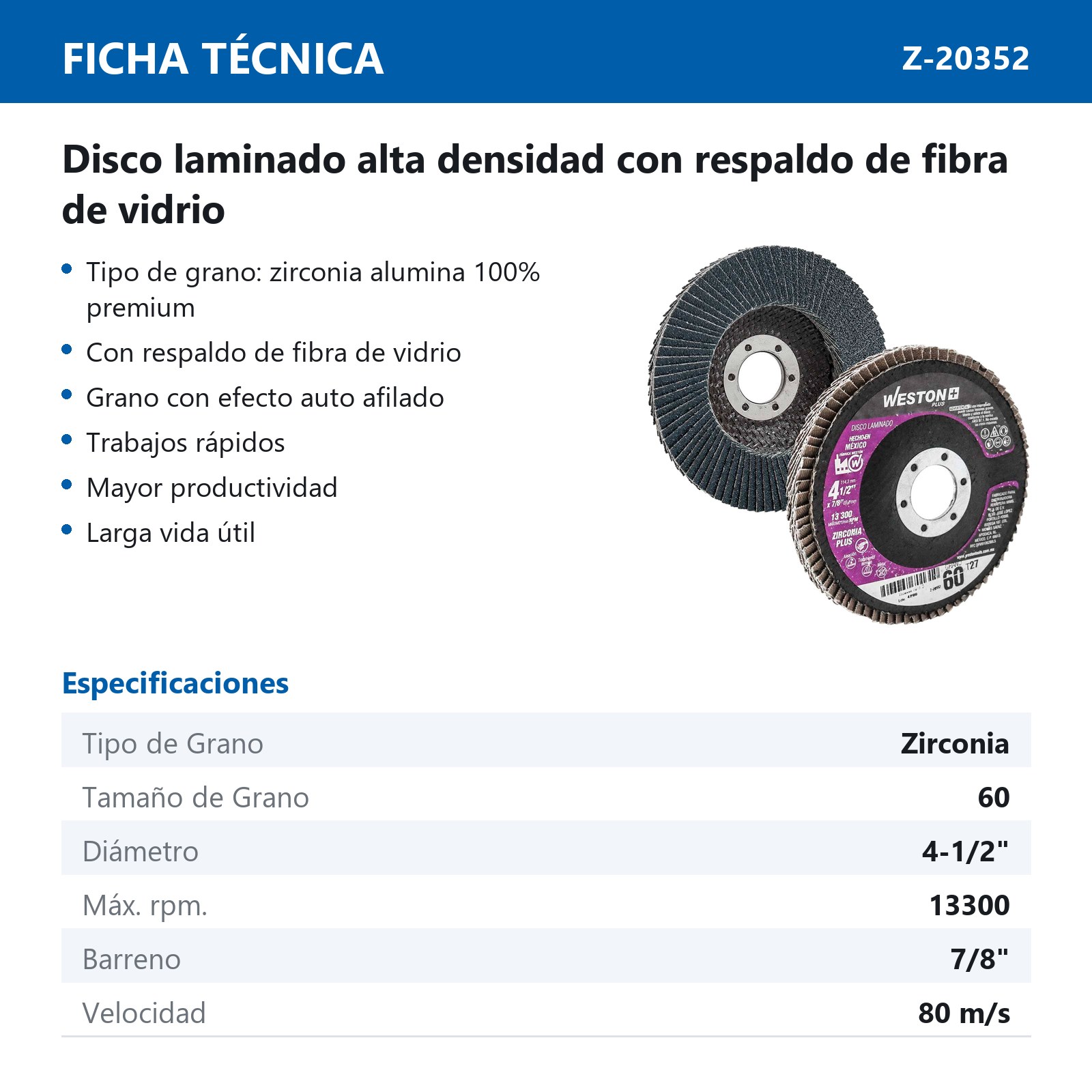 DISCO LAM.ZIRCONIO Y 4 1/2X7/8" Z60  ALTA DENSIDAD T27 100% ZIR. - Imagen 4
