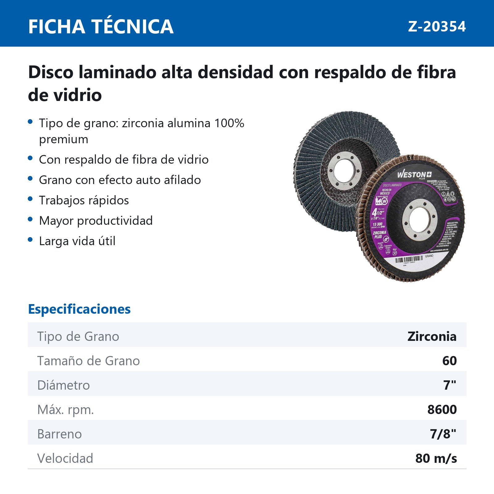 DISCO LAM.ZIRCONIO 7 X 7/8" Z60  ALTA DENSIDAD T27 100% ZIR. (Precio x pieza - Empaque c/10 pzas) - Imagen 4