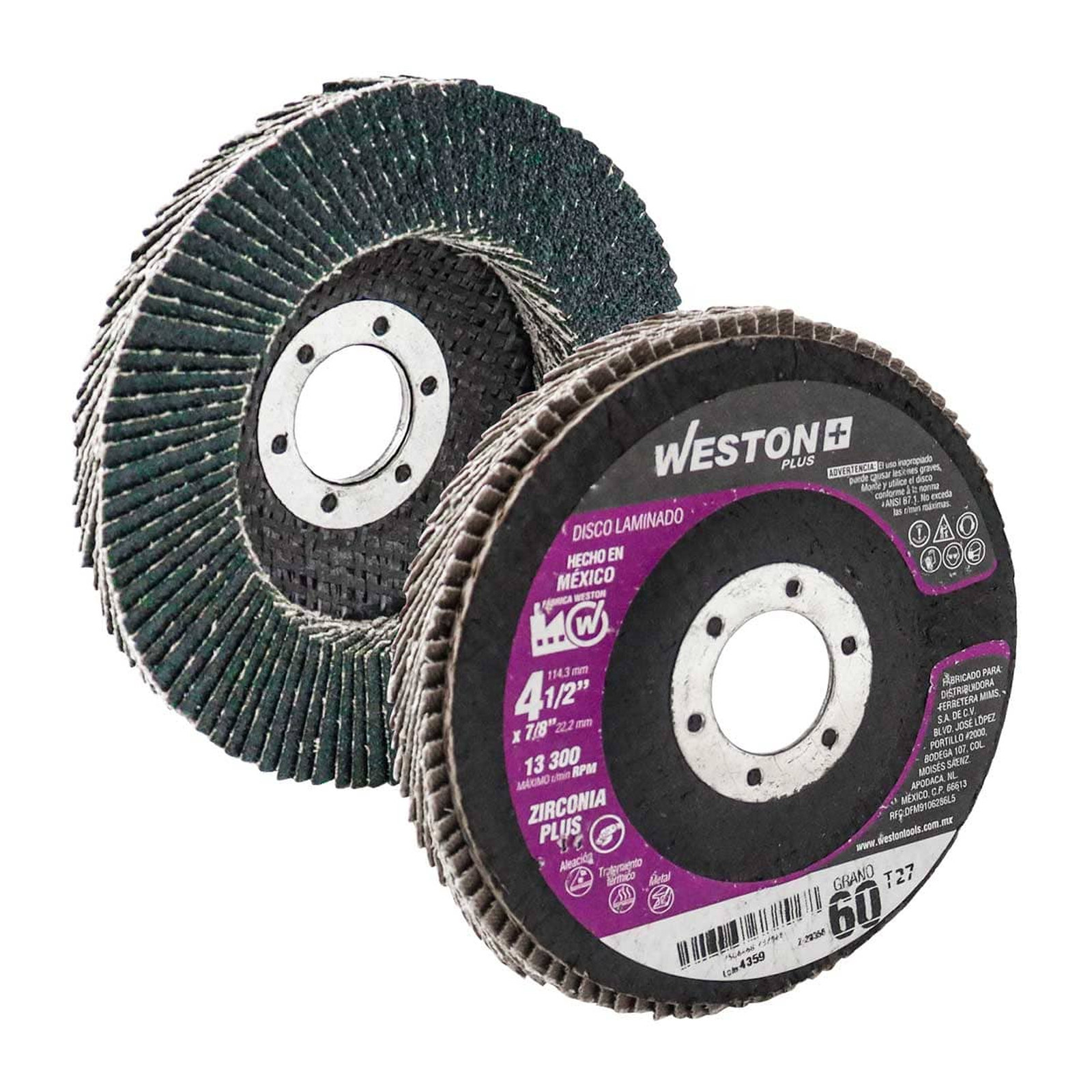Disco Laminado Zirconia 4-1/2x7/8" Grano Z60 Super Alta Densidad T27 WESTON PLUS