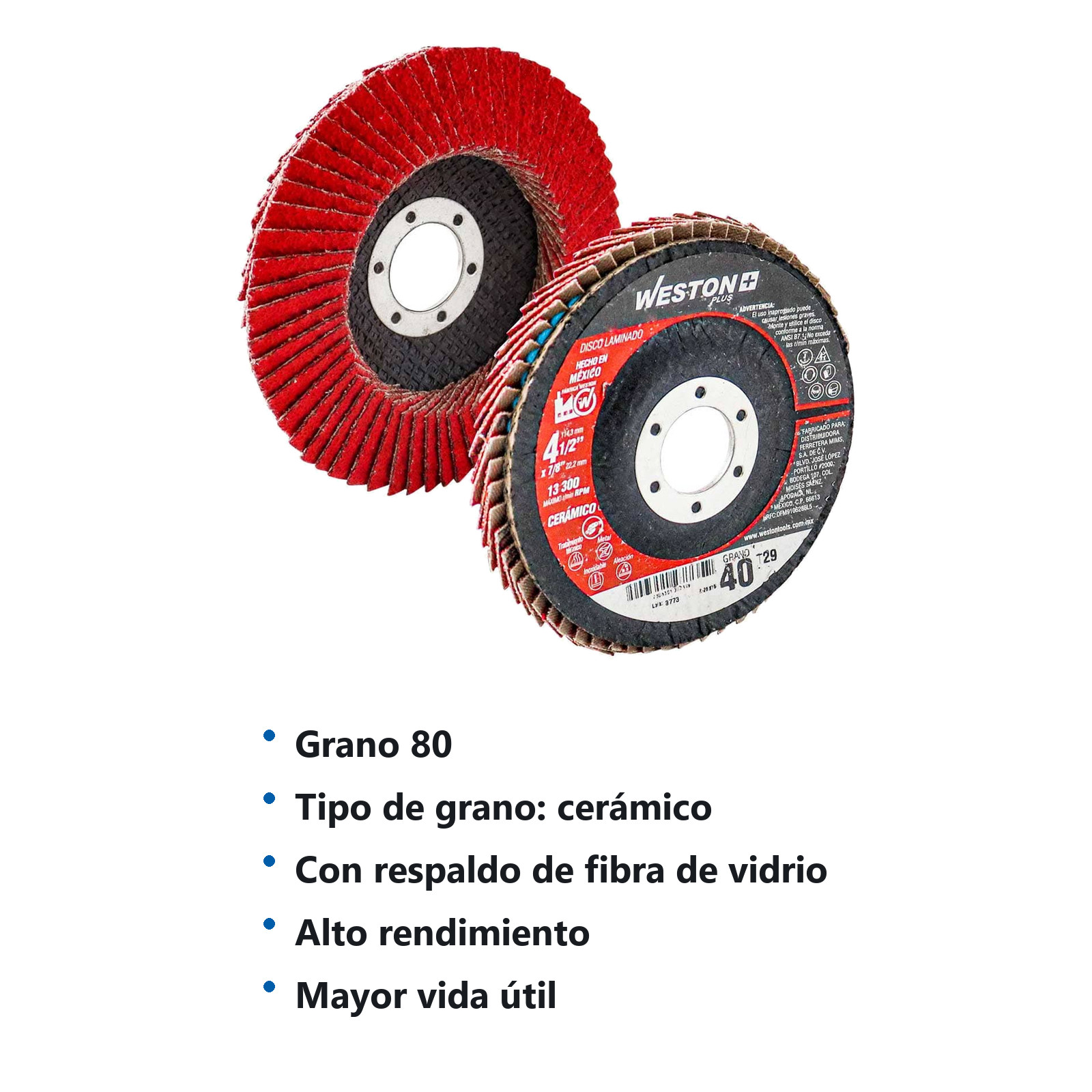 DISCO LAMINADO CERAMICO CON RESPALDO DE FIBRA DE VIDRIO 4-1/2" G80  WP - Imagen 4