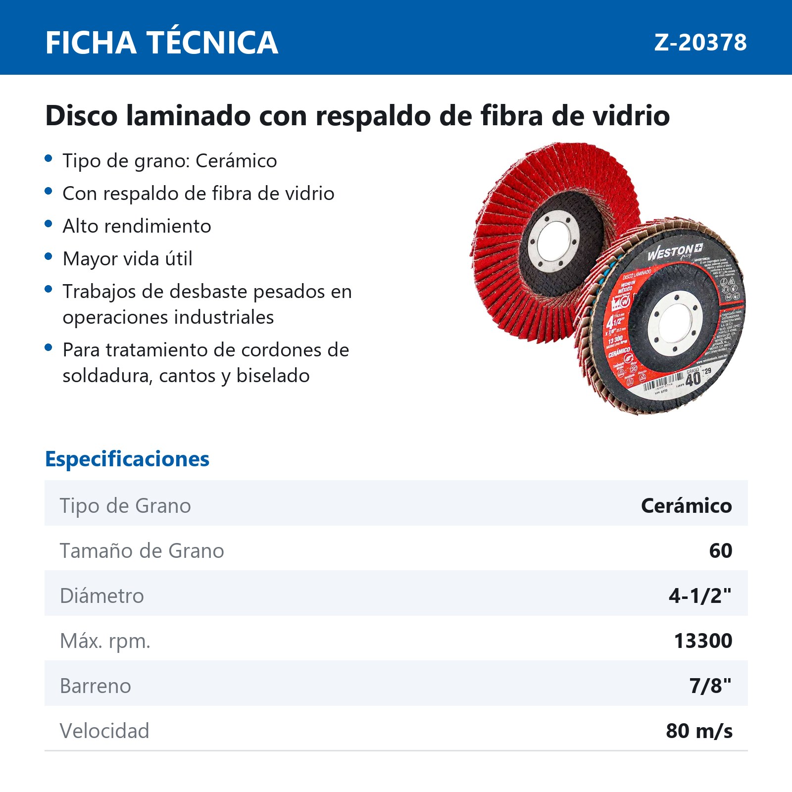 DISCO LAMINADO CERAMICO CON RESPALDO DE FIBRA DE VIDRIO 4-1/2" G60  WP - Imagen 4