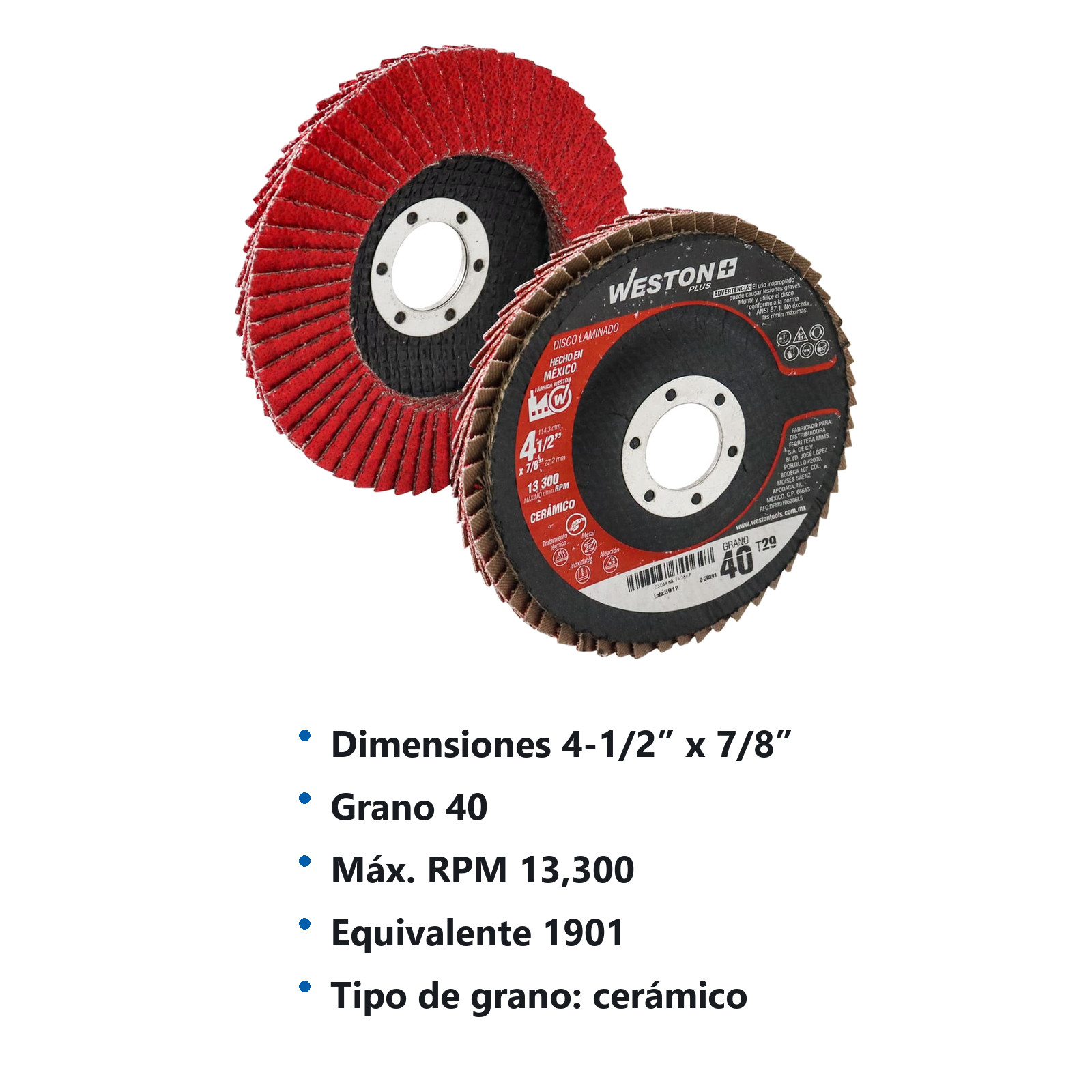 DISCO LAMINADO CERAMICO CON RESPALDO DE FIBRA DE VIDRIO 4-1/2" G40  ALTA DENSIDAD T29 - Imagen 4