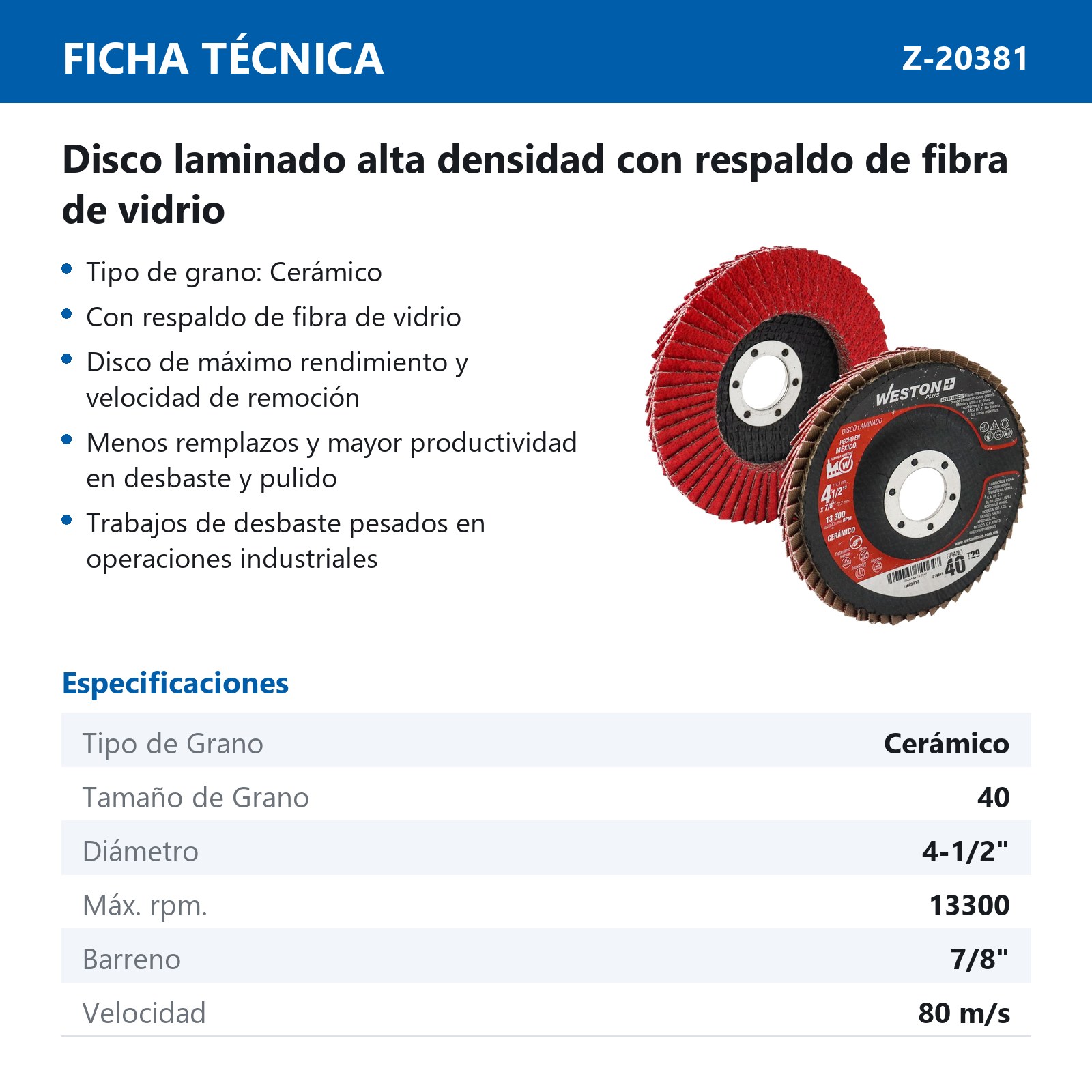 DISCO LAMINADO CERAMICO CON RESPALDO DE FIBRA DE VIDRIO 4-1/2" G40  ALTA DENSIDAD T29 - Imagen 4