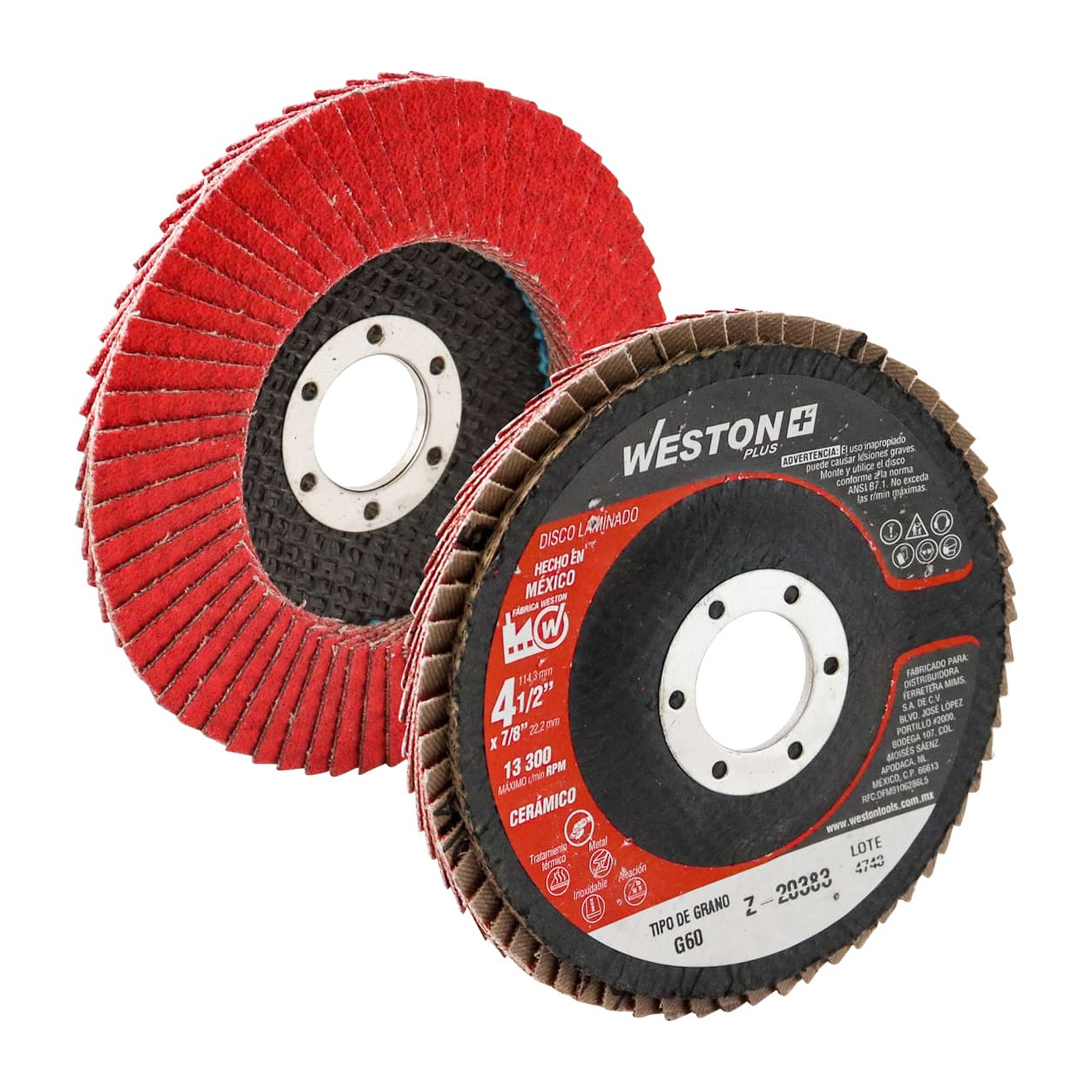 Disco Laminado Cerámico con Respaldo de Fibra de Vidrio 4-1/2" Grano 60 Alta Densidad Tipo 29 Weston Plus