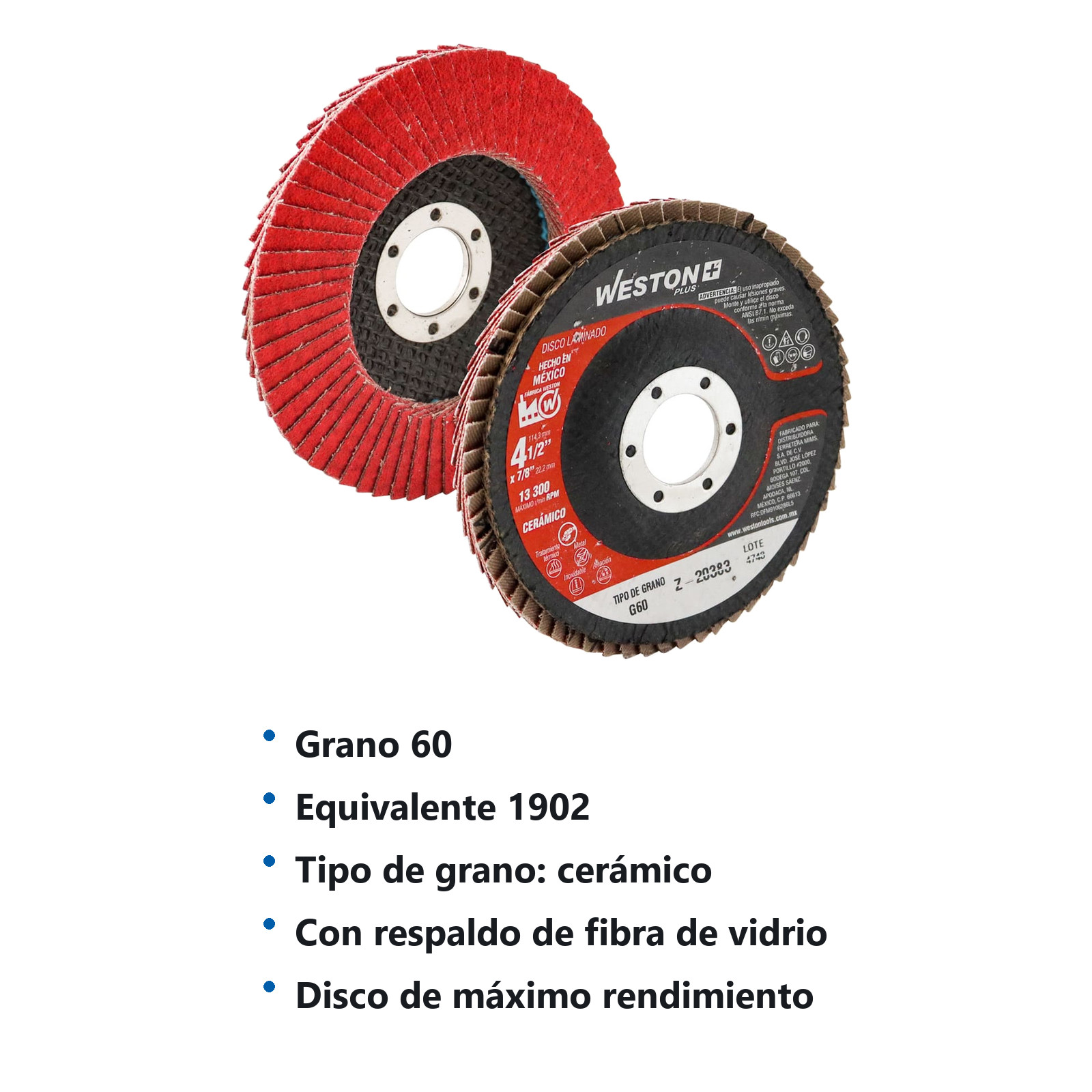 DISCO LAMINADO CERAMICO CON RESPALDO DE FIBRA DE VIDRIO 4-1/2" G60  ALTA DENSIDAD T29 - Imagen 4