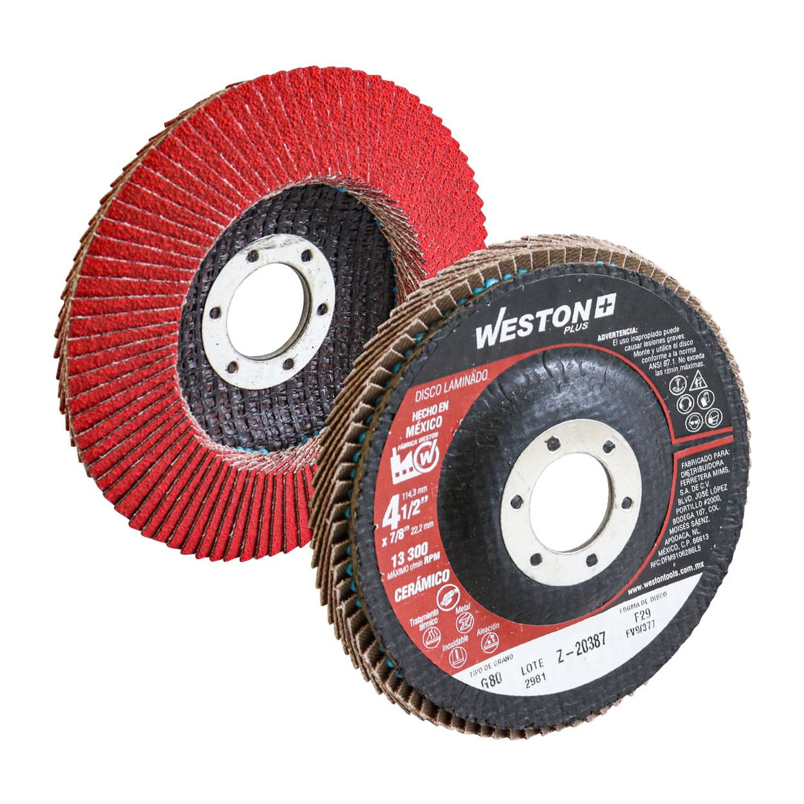Disco Laminado Cerámico con Respaldo de Fibra de Vidrio 4-1/2" Grano 80 Alta Densidad Weston Plus